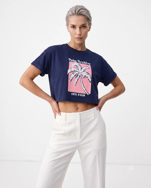 % 100 Kalın Pamuklu Relaxed/Rahat Kalıp Crop Baskılı Örme T-Shirt - Lacivert / XS