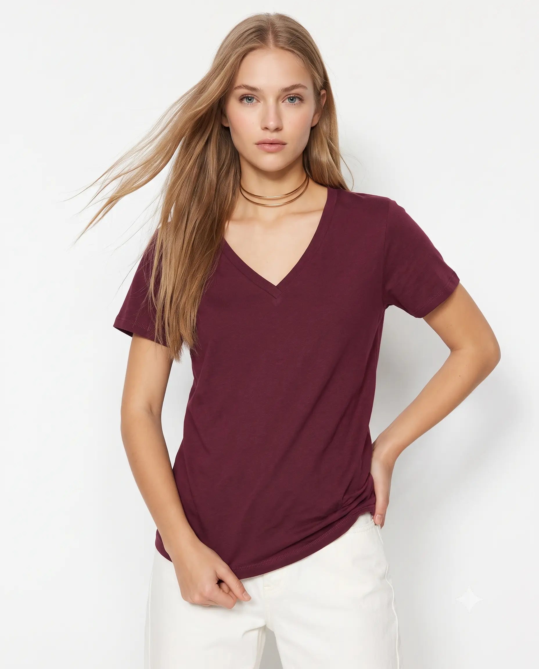 % 100 Pamuk Basic V Yaka Örme T-Shirt - Bordo / XS