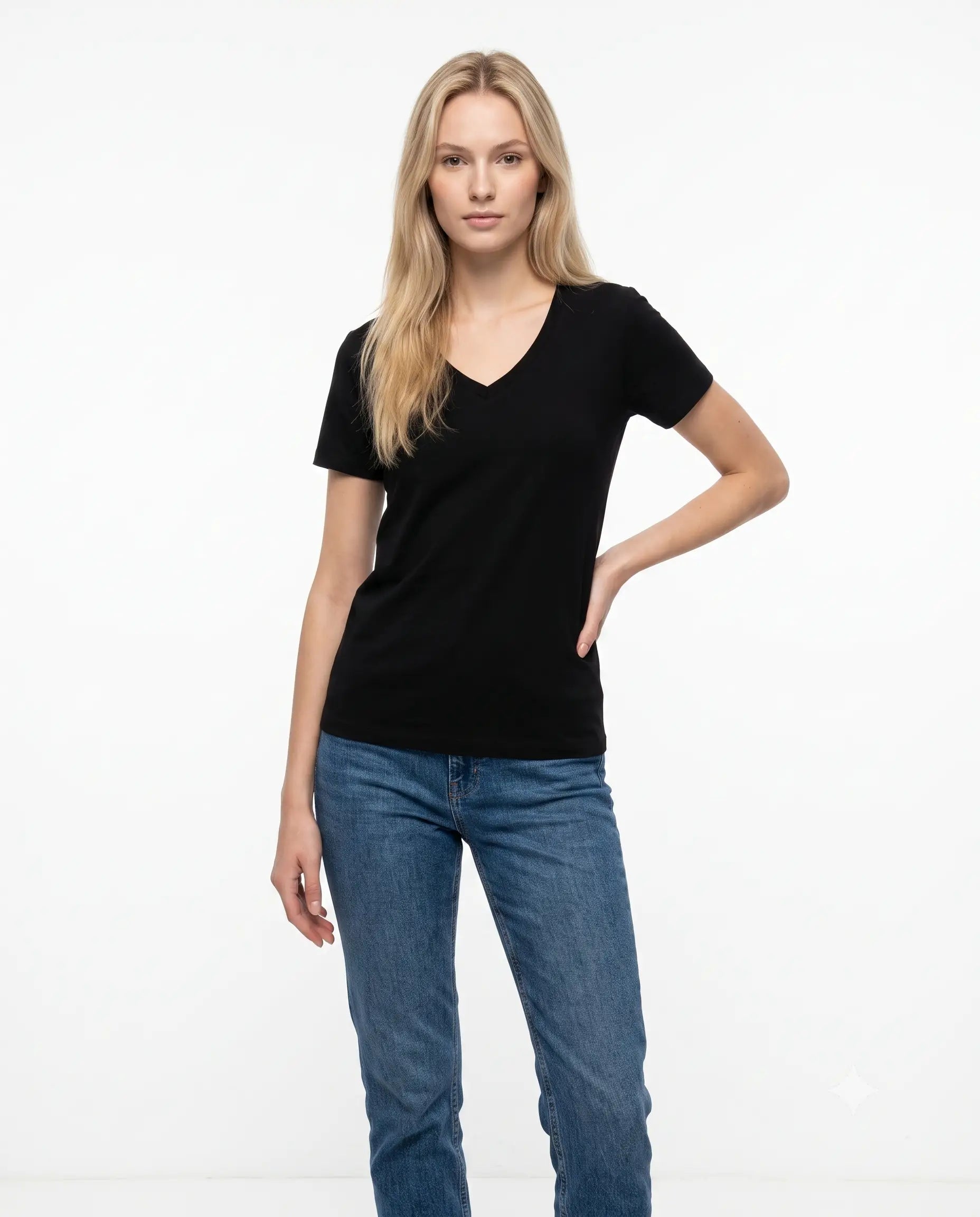 % 100 Pamuk Basic V Yaka Örme T-Shirt - Siyah / XS