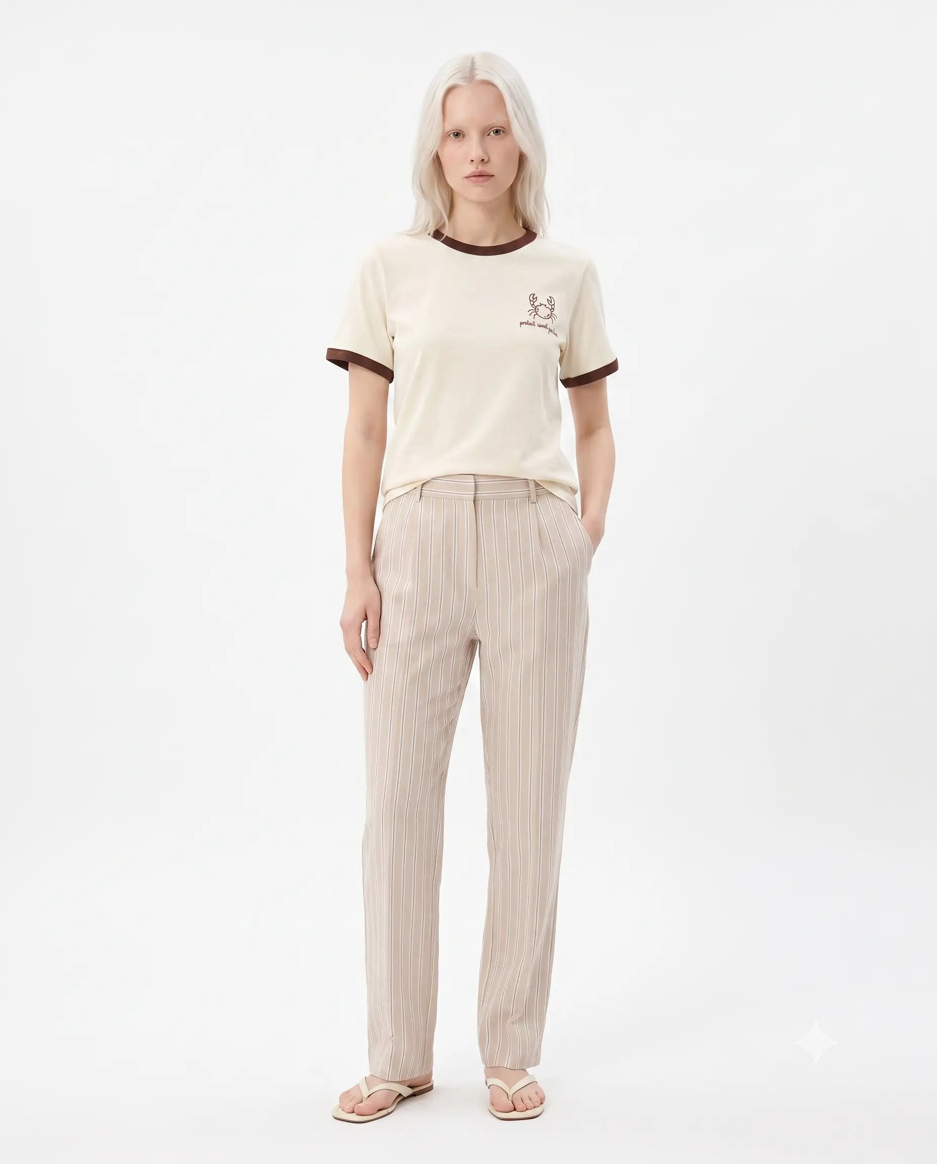 % 100 Pamuk Nakışlı Kontrast Biye Detaylı Örme T-Shirt - Bej / XS