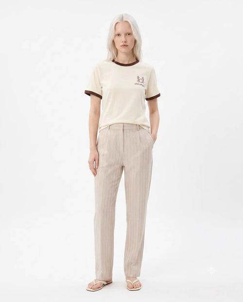 % 100 Pamuk Nakışlı Kontrast Biye Detaylı Örme T-Shirt - Bej / XS
