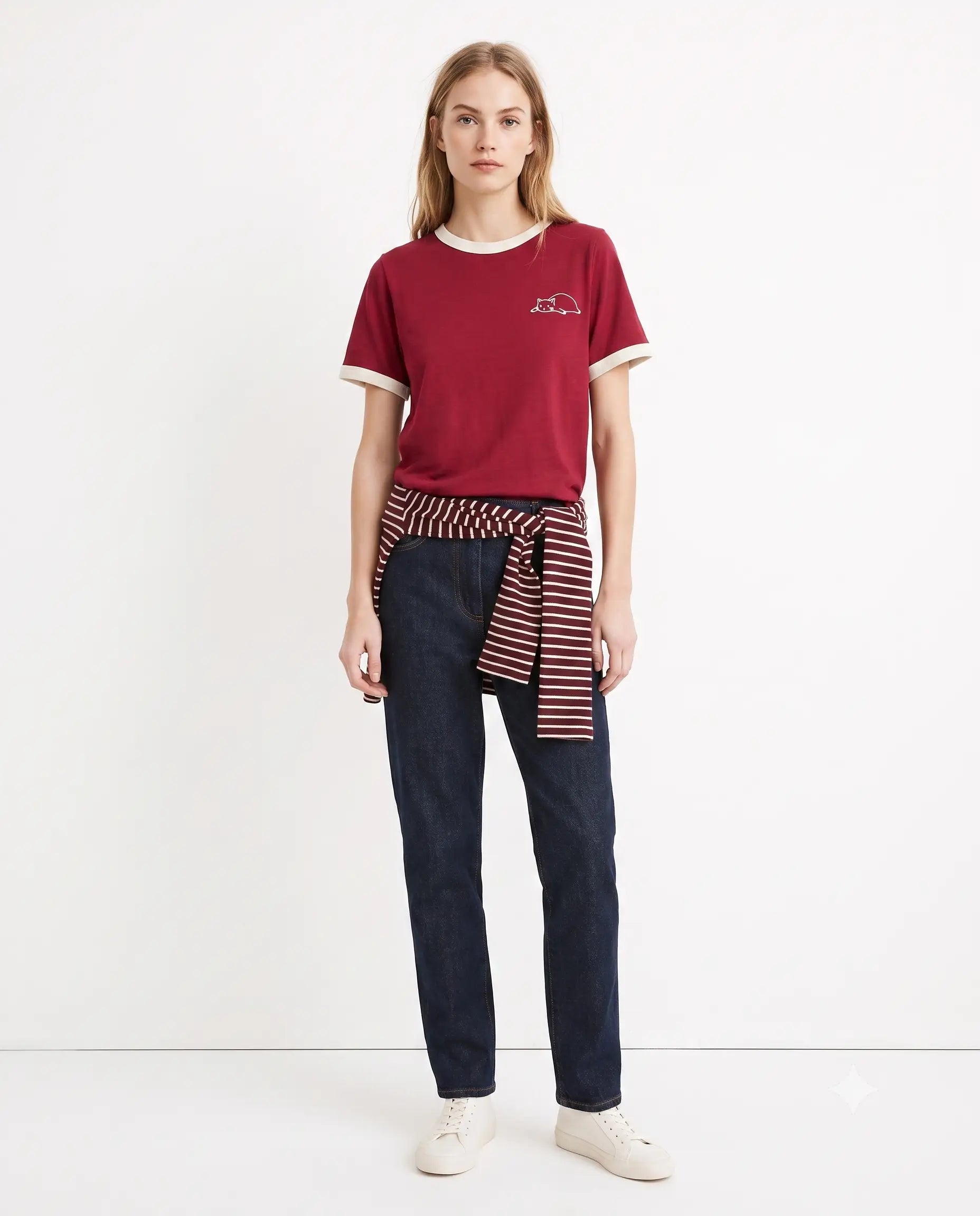 % 100 Pamuk Nakışlı Kontrast Biye Detaylı Örme T-Shirt - Bordo / XS