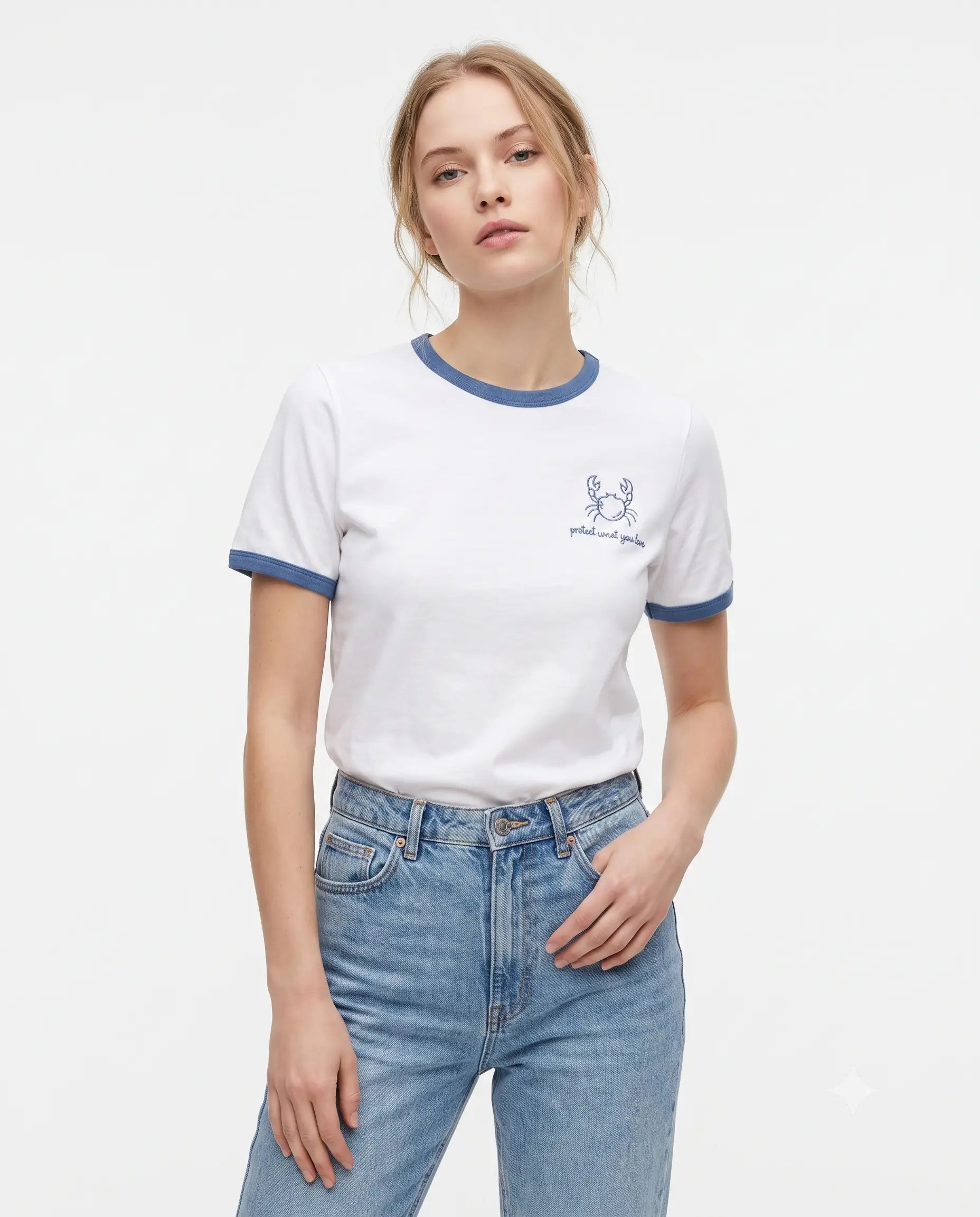 % 100 Pamuk Nakışlı Kontrast Biye Detaylı Örme T-Shirt - Mavi / XS