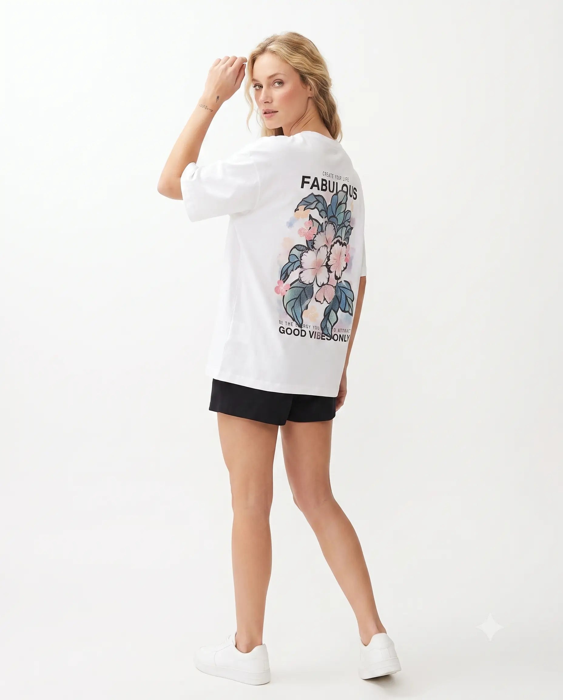 % 100 Pamuk Sırt ve Ön Baskılı Oversize/Geniş Kesim Örme T-Shirt - Beyaz / XS