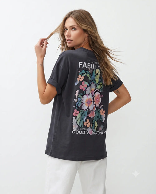 % 100 Pamuk Sırt ve Ön Baskılı Oversize/Geniş Kesim Örme T-Shirt - Gri / XS