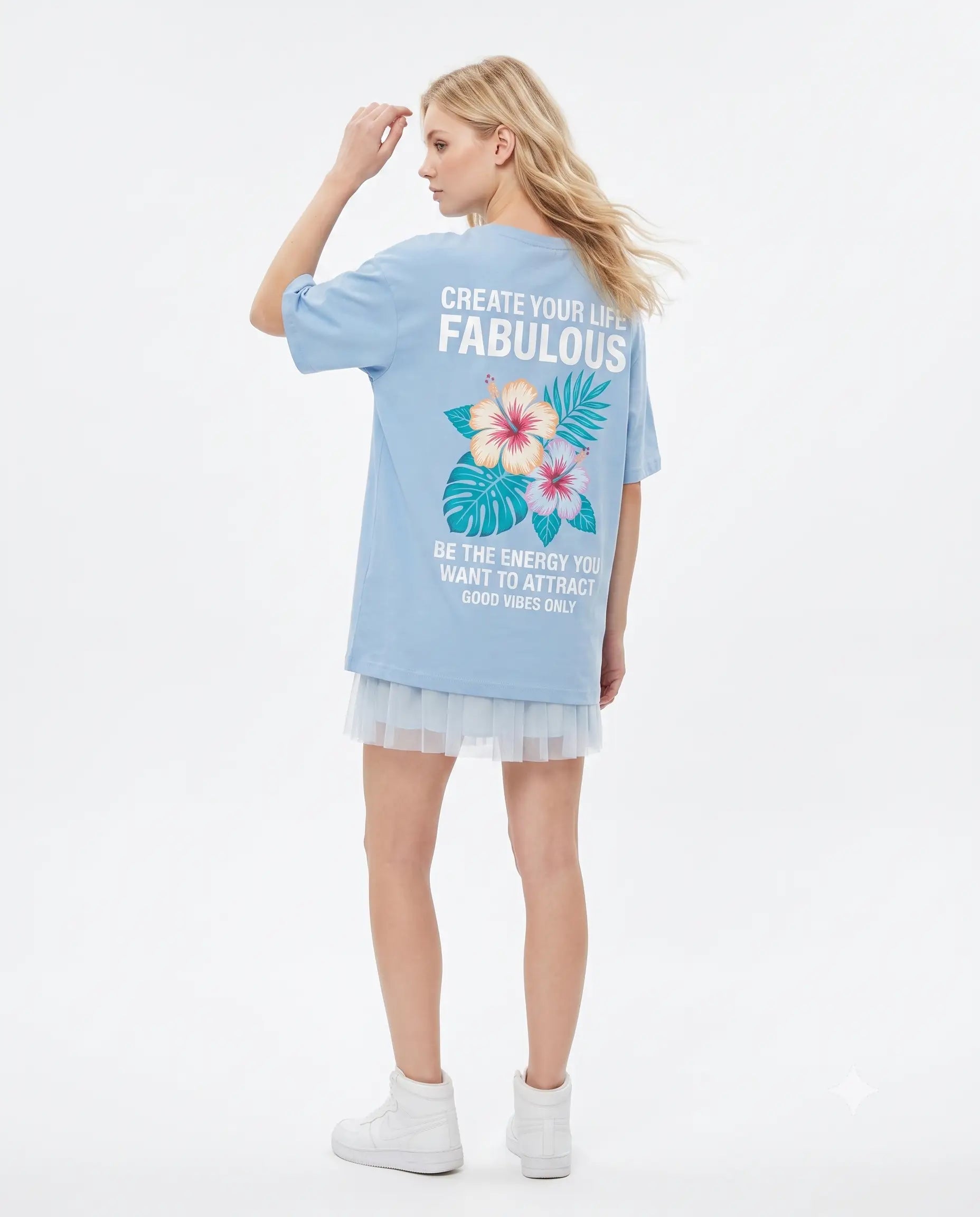 % 100 Pamuk Sırt ve Ön Baskılı Oversize/Geniş Kesim Örme T-Shirt - Mavi / XS