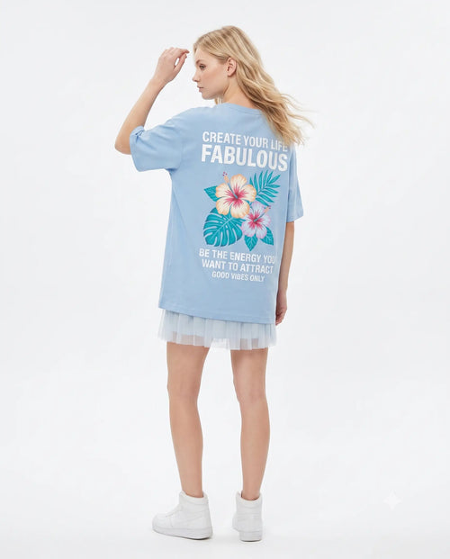 % 100 Pamuk Sırt ve Ön Baskılı Oversize/Geniş Kesim Örme T-Shirt - Mavi / XS