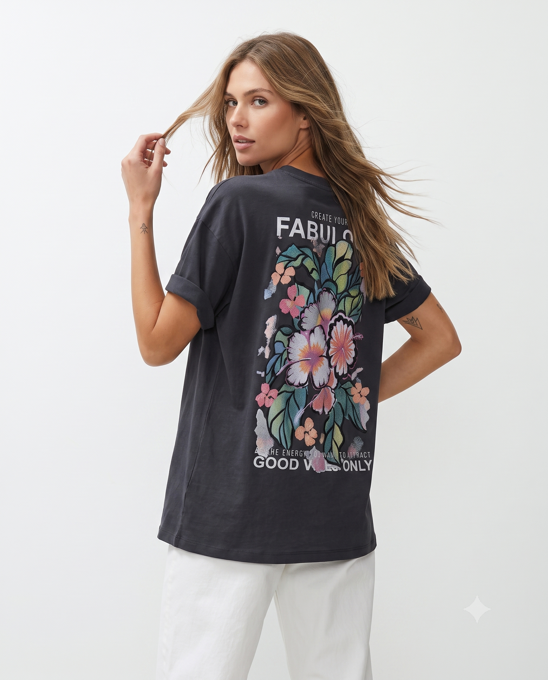 %100 Pamuk Sırt ve Ön Baskılı Oversize/Geniş Kesim Örme T-Shirt