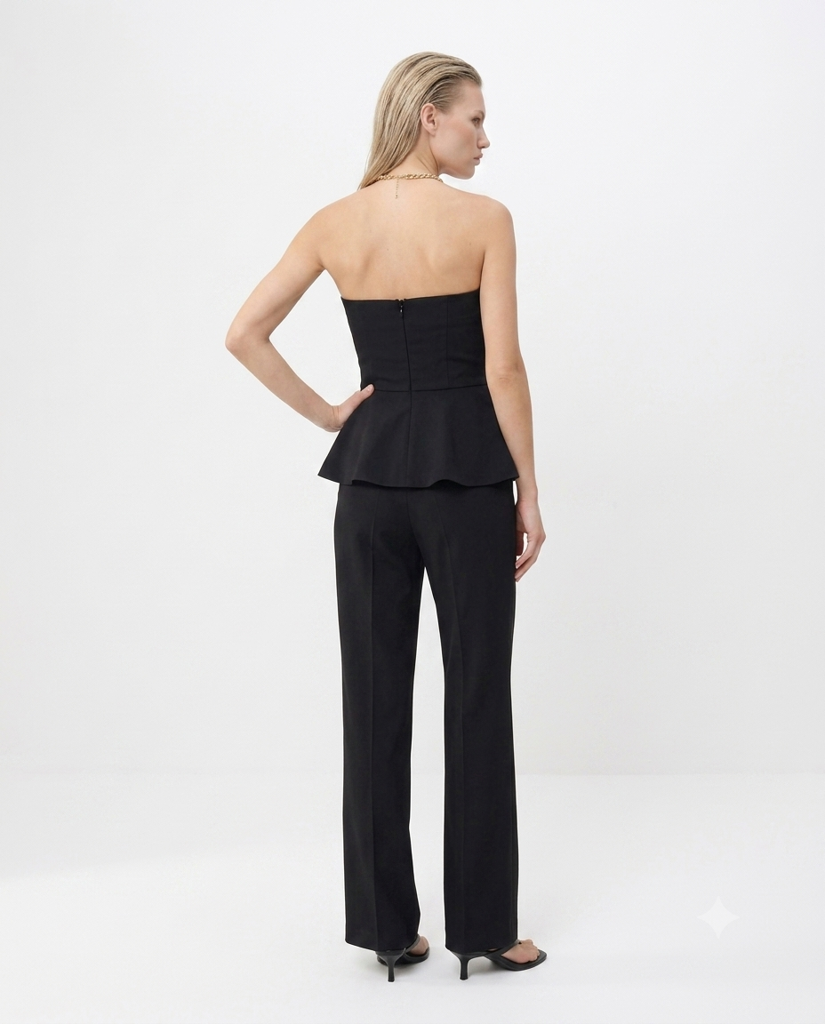 Peplum Kolsuz Geniş Paça Soft Touch Örme Alt-Üst Takım