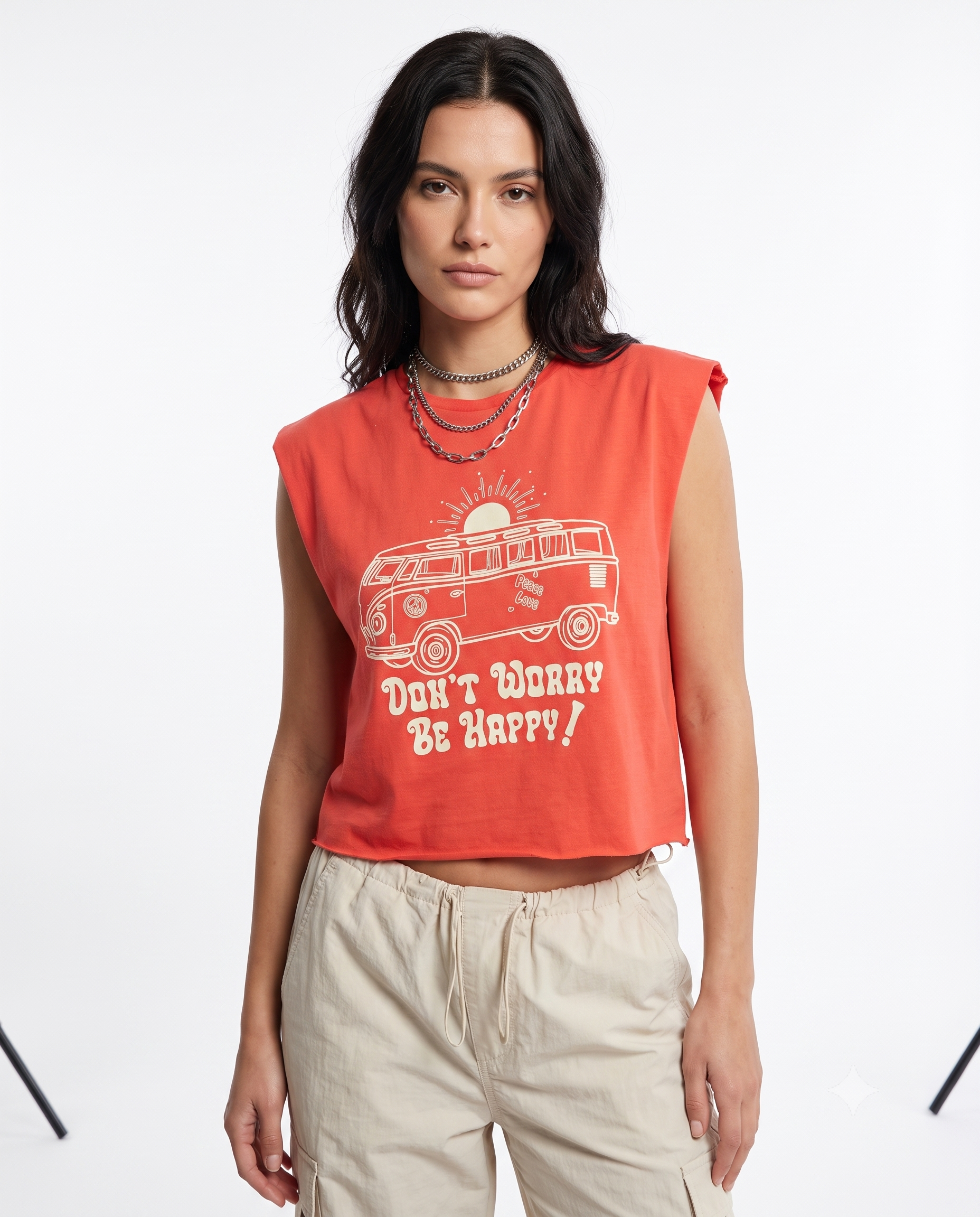 Kırmızı %100 Pamuk Baskılı Kolsuz Relaxed/Rahat Kalıp Crop Bisiklet Yaka Örme T-Shirt
