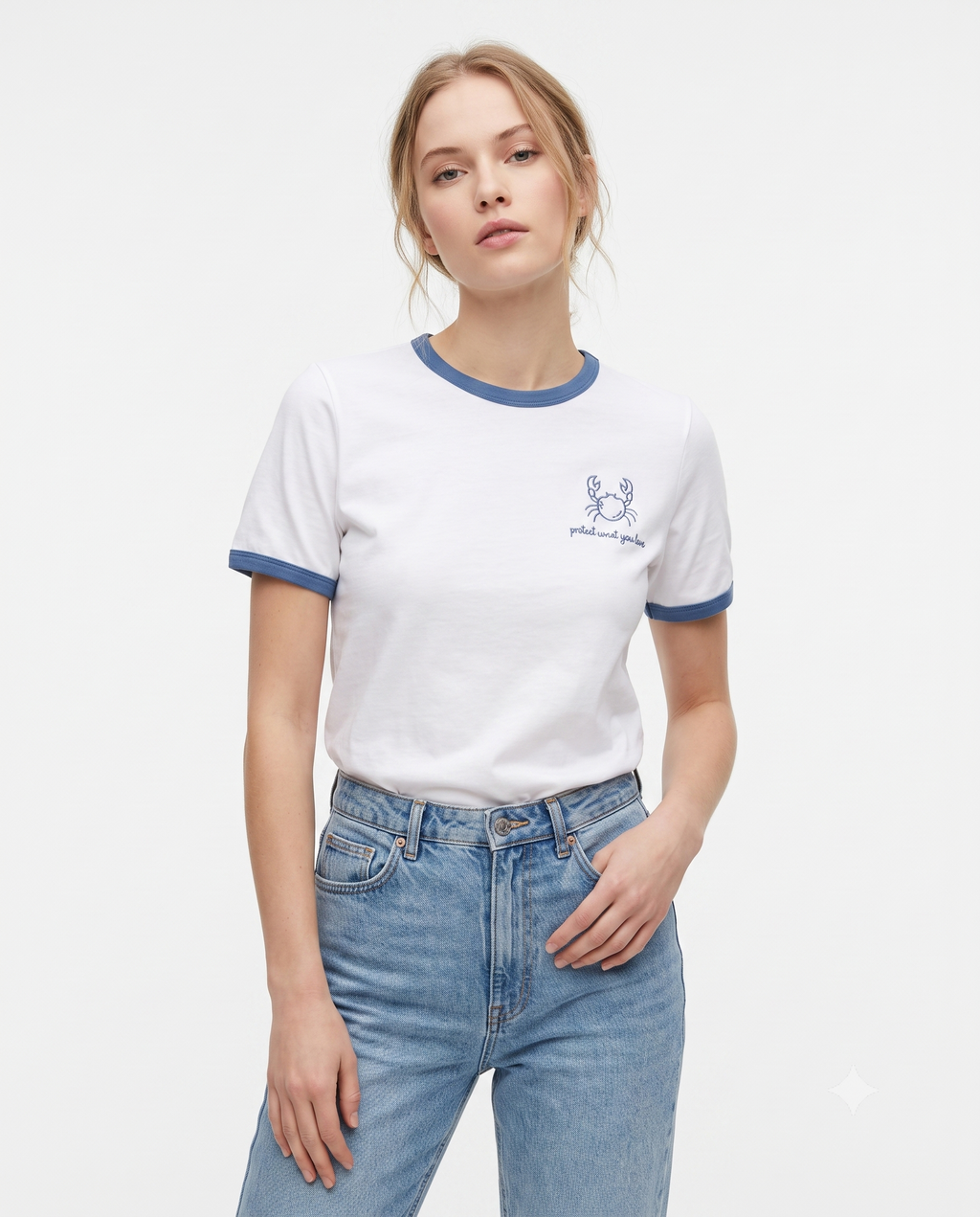 %100 Pamuk Nakışlı Kontrast Biye Detaylı Örme T-Shirt