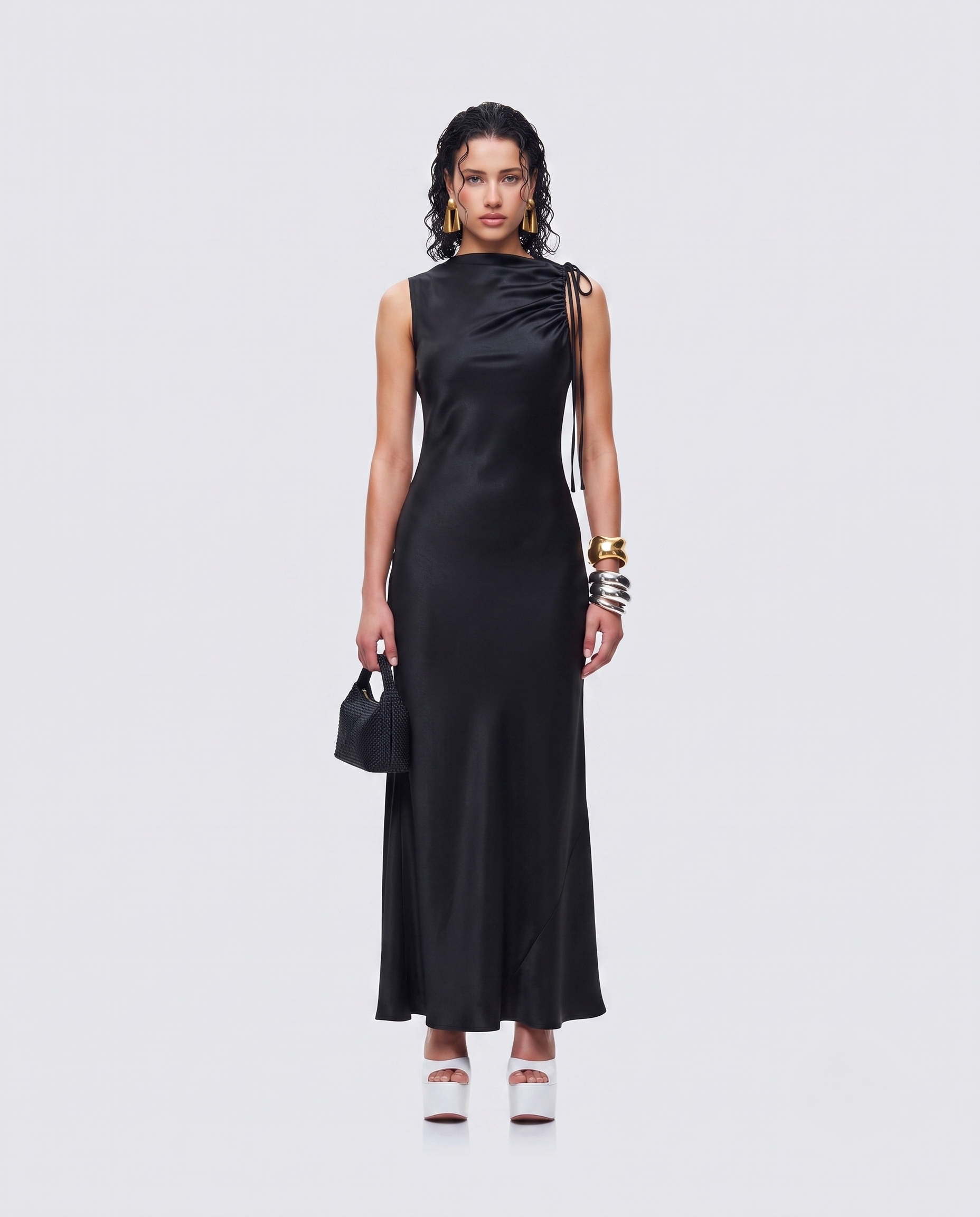 Siyah Saten Slip Maxi Abiye