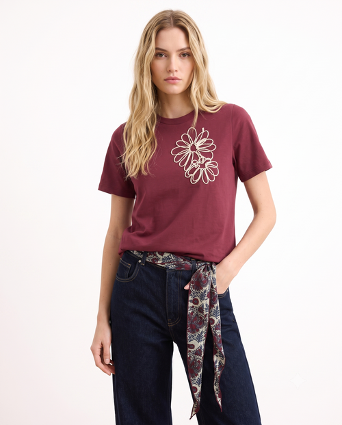 %100 Pamuk Regular/Normal Kalıp Çiçek Nakışlı Örme T-Shirt