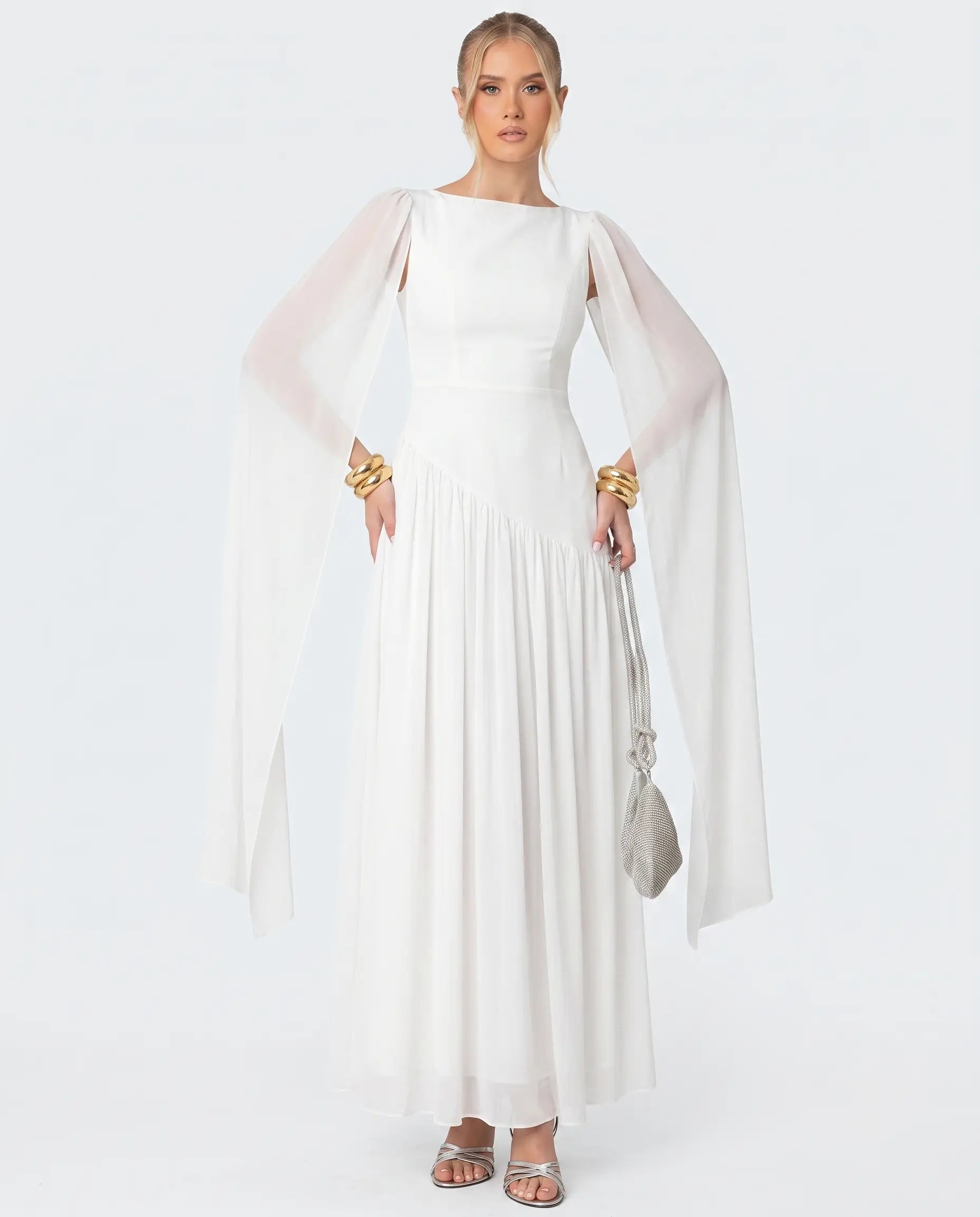 Beyaz Şifon Şal Detay Bridal Elbise