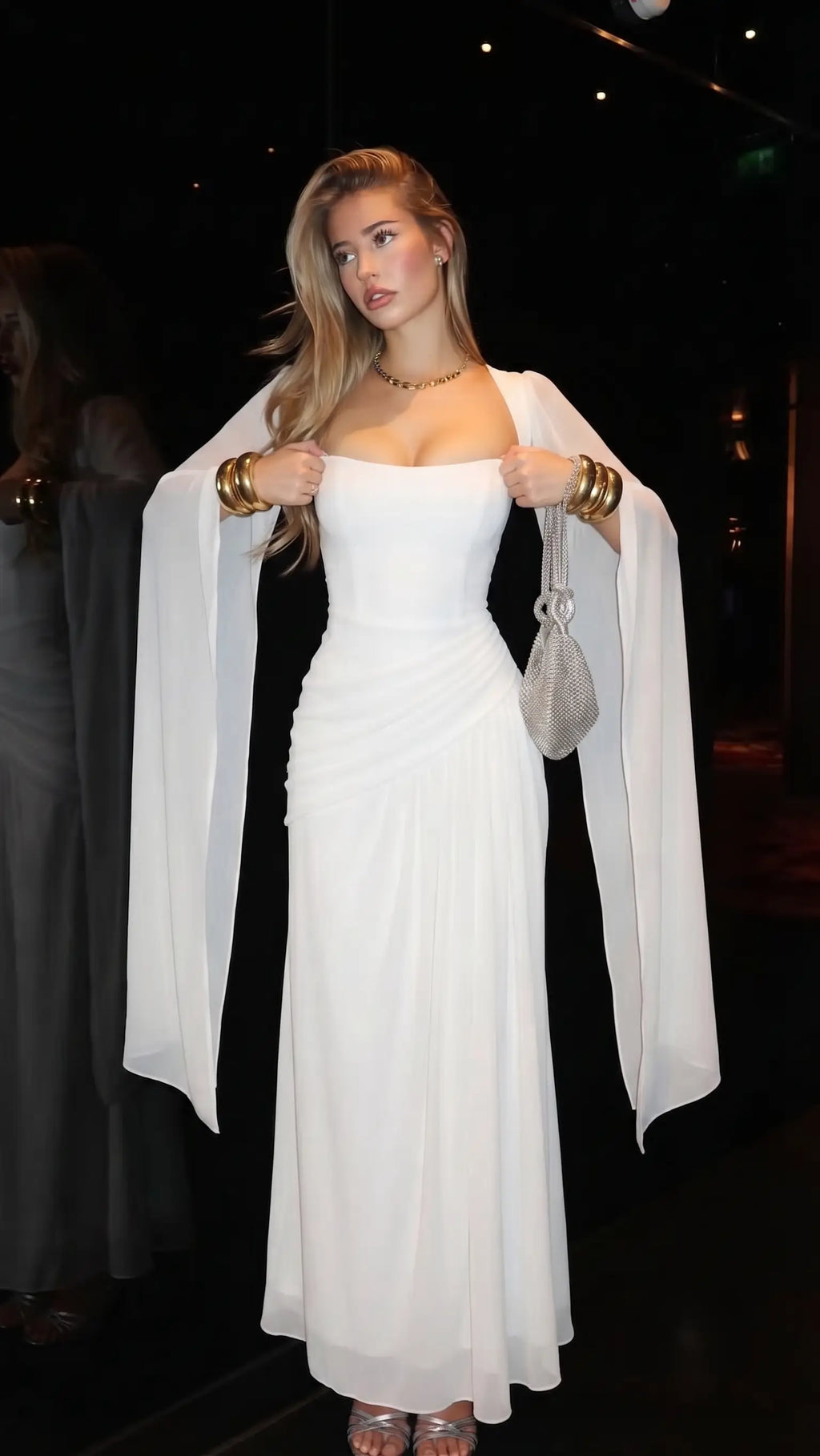 Beyaz Şifon Şal Detaylı Bridal Elbise | Nikah & Nisan Elbisesi