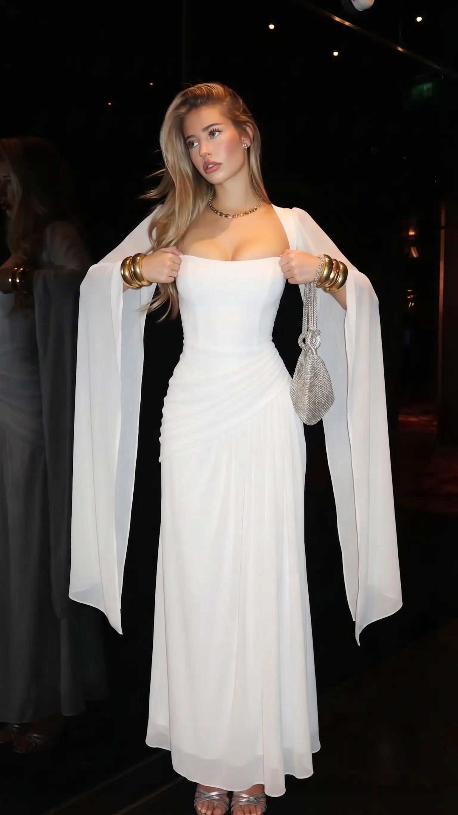 Beyaz Şifon Şal Detaylı Bridal Elbise | Nikah & Nisan Elbisesi