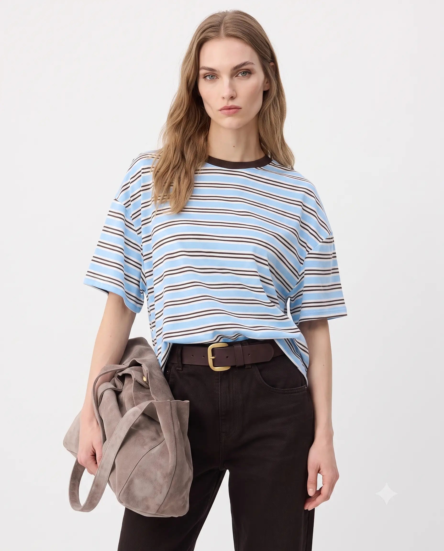 Çizgili Boxy Düşük Kol Kısa Kollu Tok % 100 Pamuk Örme T-Shirt - Mavi / XS