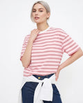 Çizgili Boxy Düşük Kol Kısa Kollu Tok % 100 Pamuk Örme T-Shirt - Pembe / XS