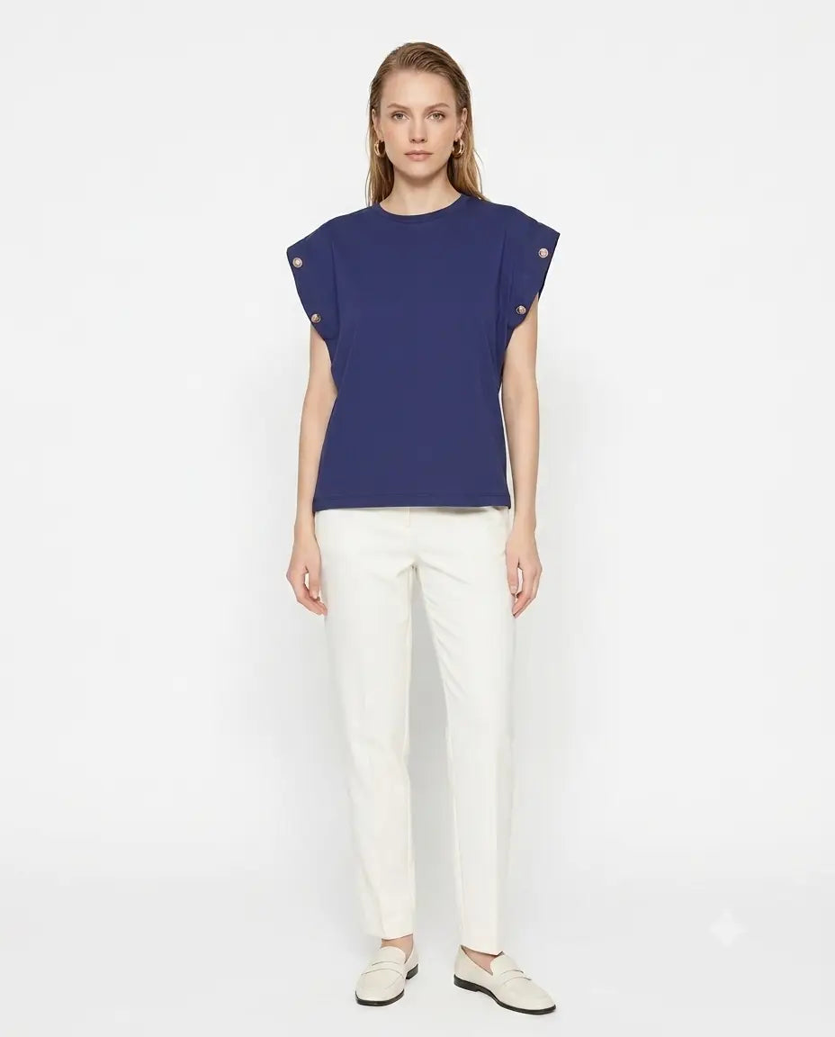 Düğme Detaylı Vatka Görünümlü Basic Bisiklet Yaka Örme T-Shirt - Lacivert / XS