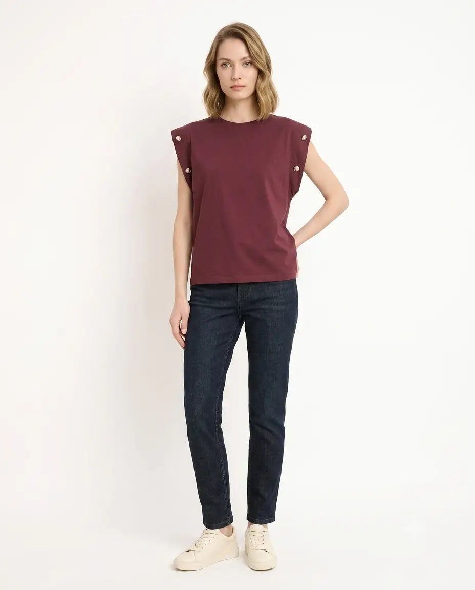 Düğme Detaylı Vatka Görünümlü Basic Bisiklet Yaka Örme T-Shirt - Bordo / XS