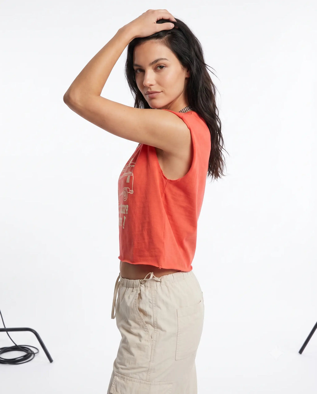 Kırmızı % 100 Pamuk Baskılı Kolsuz Relaxed/Rahat Kalıp Crop Bisiklet Yaka Örme T-Shirt