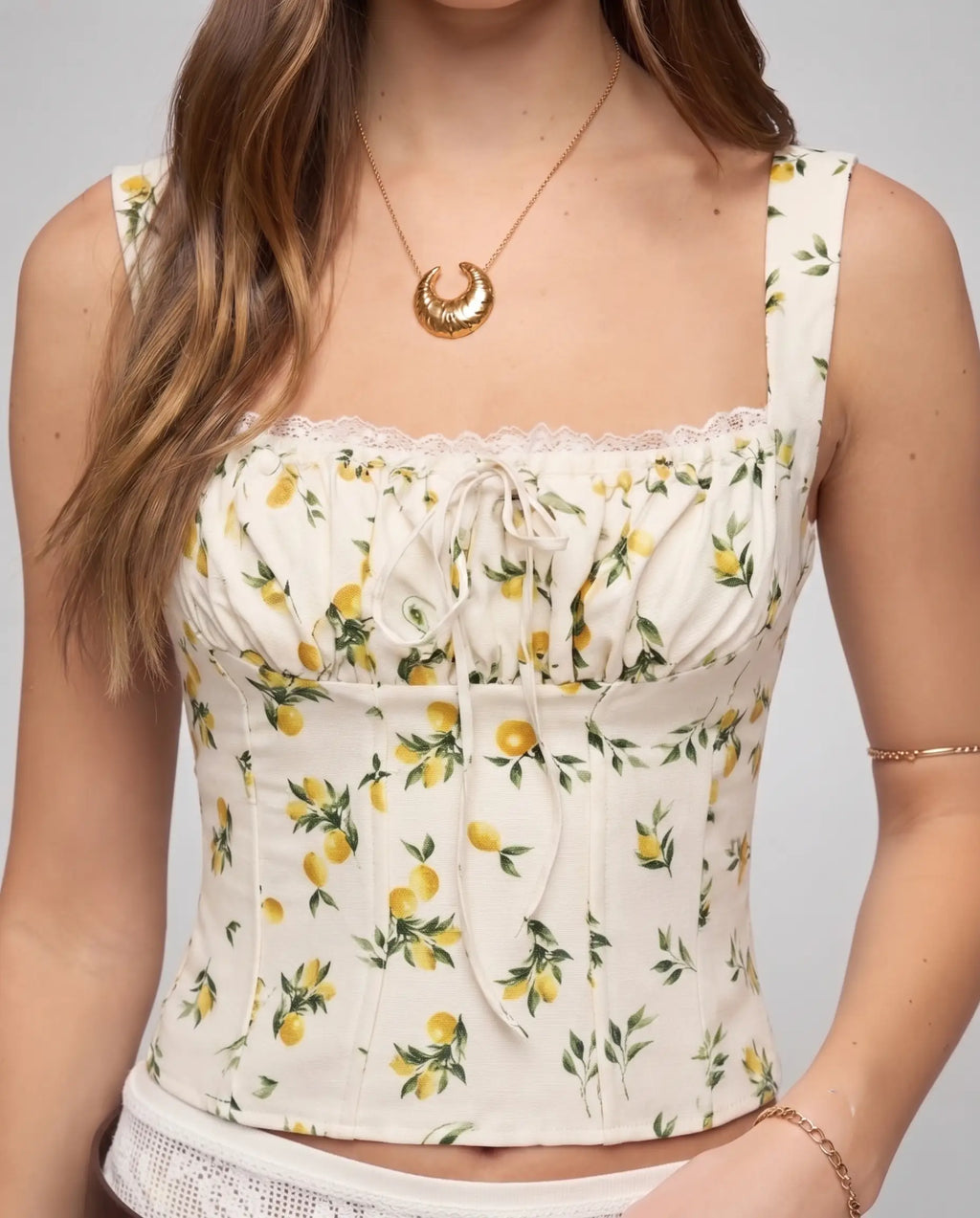 Limon Desenli Crop Bluz