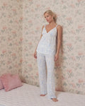 Mavi Çiçekli Fırfır Detaylı Pijama Takımı