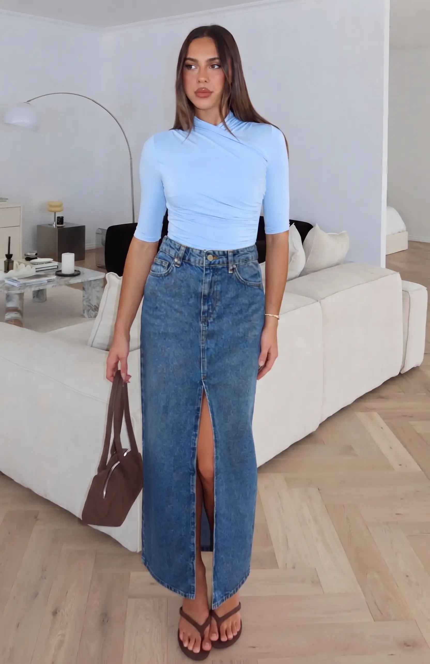 Mavi Yırtmaçlı Maxi Denim Etek