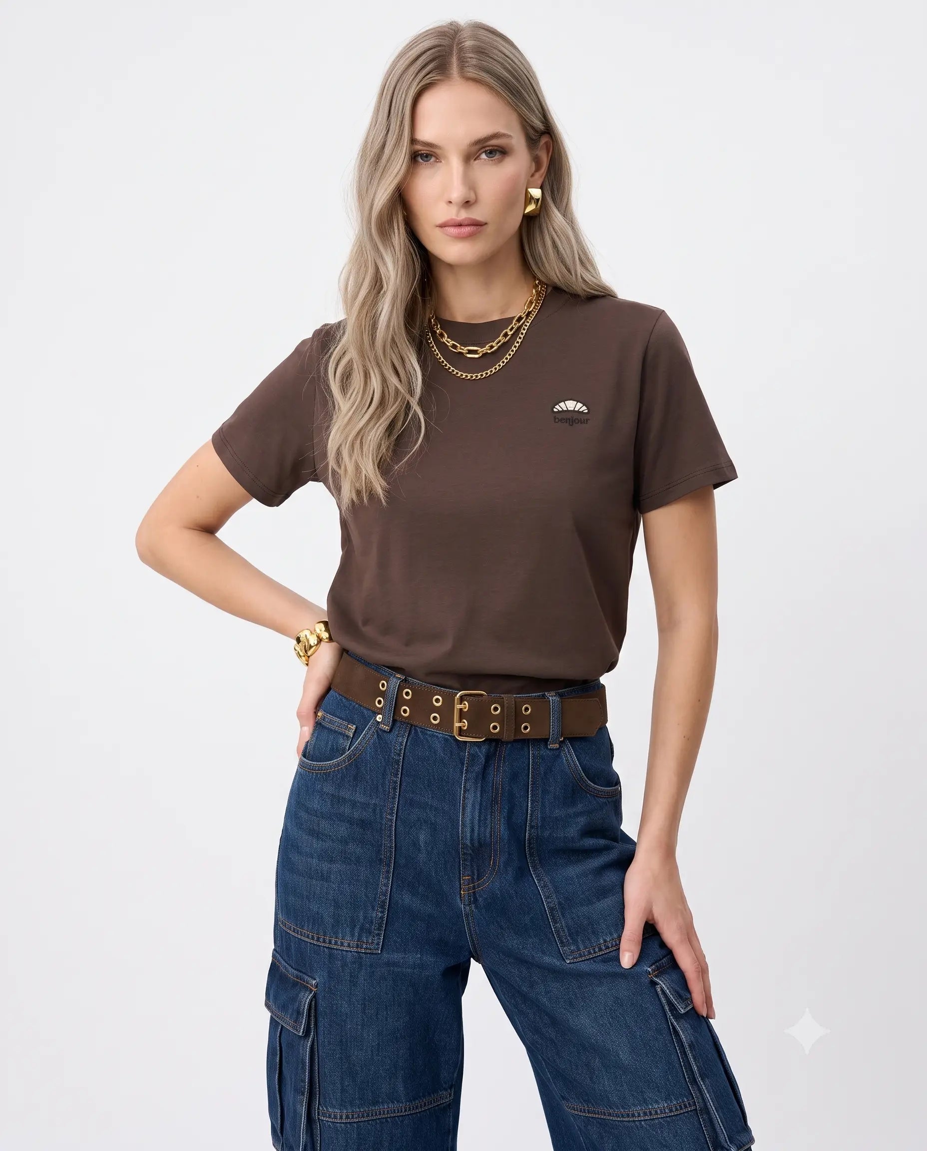 Nakışlı Regular Bisiklet Yaka Standart Kol Kısa % 100 Pamuk Örme T-Shirt - Kahverengi / XS