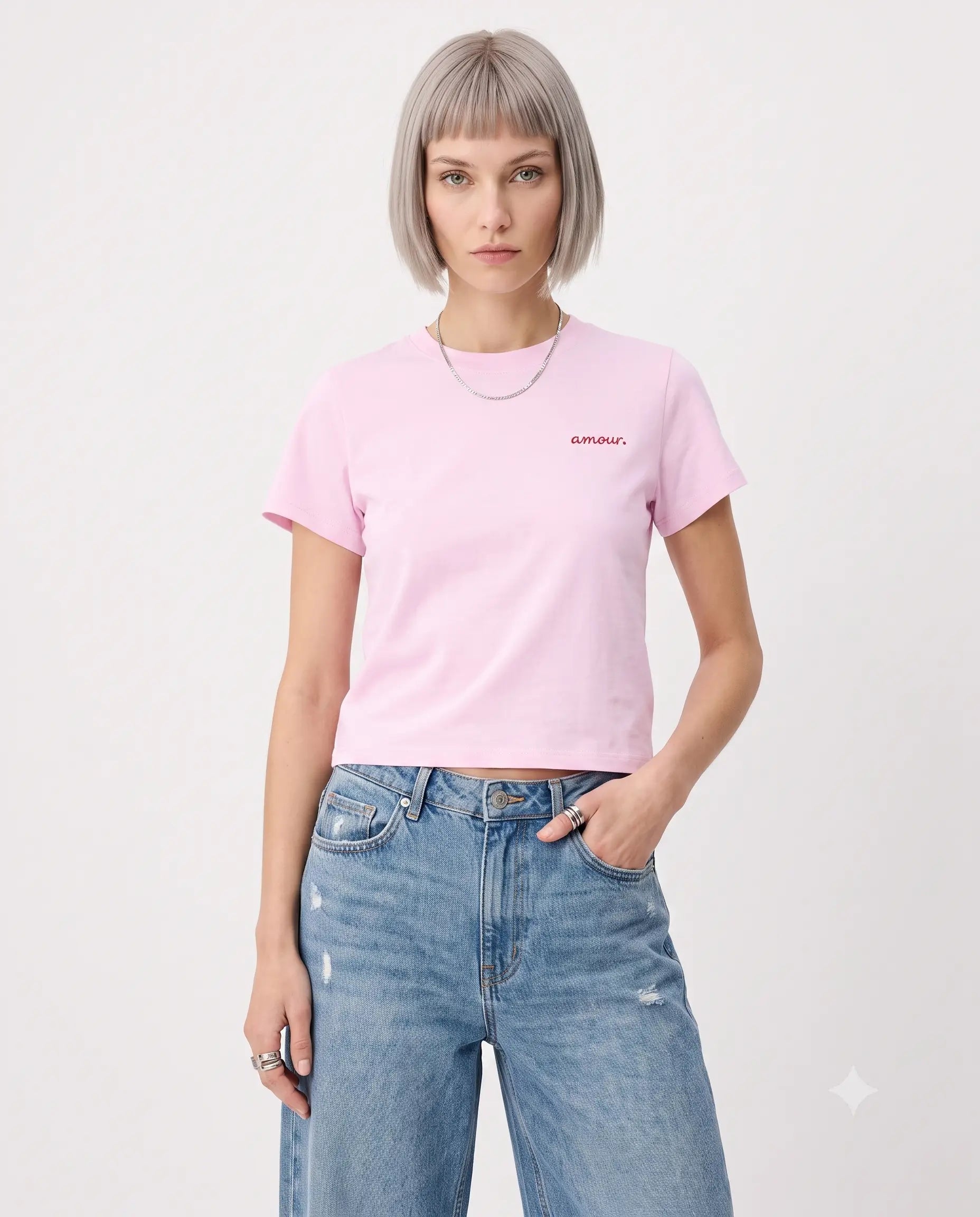 Nakışlı Regular Bisiklet Yaka Standart Kol Kısa % 100 Pamuk Örme T-Shirt - Pembe / XS