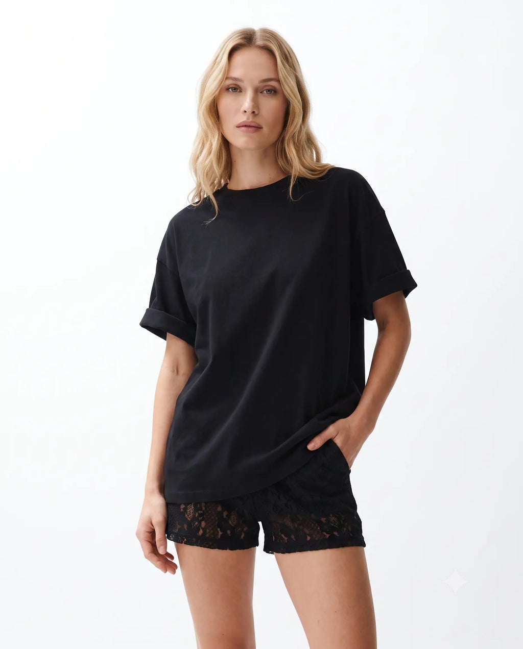 Oversize/Geniş Kalıp Bisiklet Yaka Örme T-Shirt