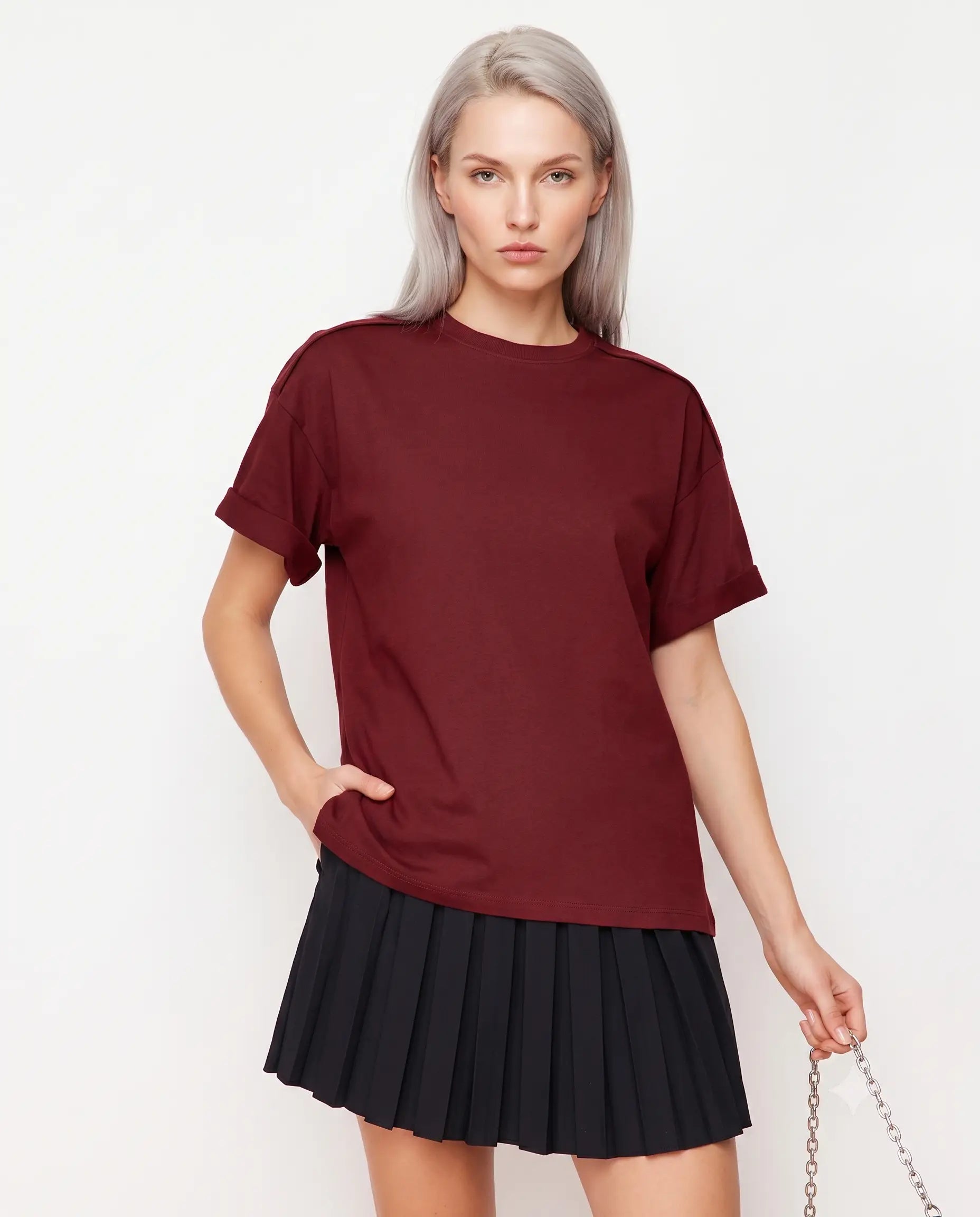 Oversize/Geniş Kalıp Bisiklet Yaka Örme T-Shirt - Bordo / XS