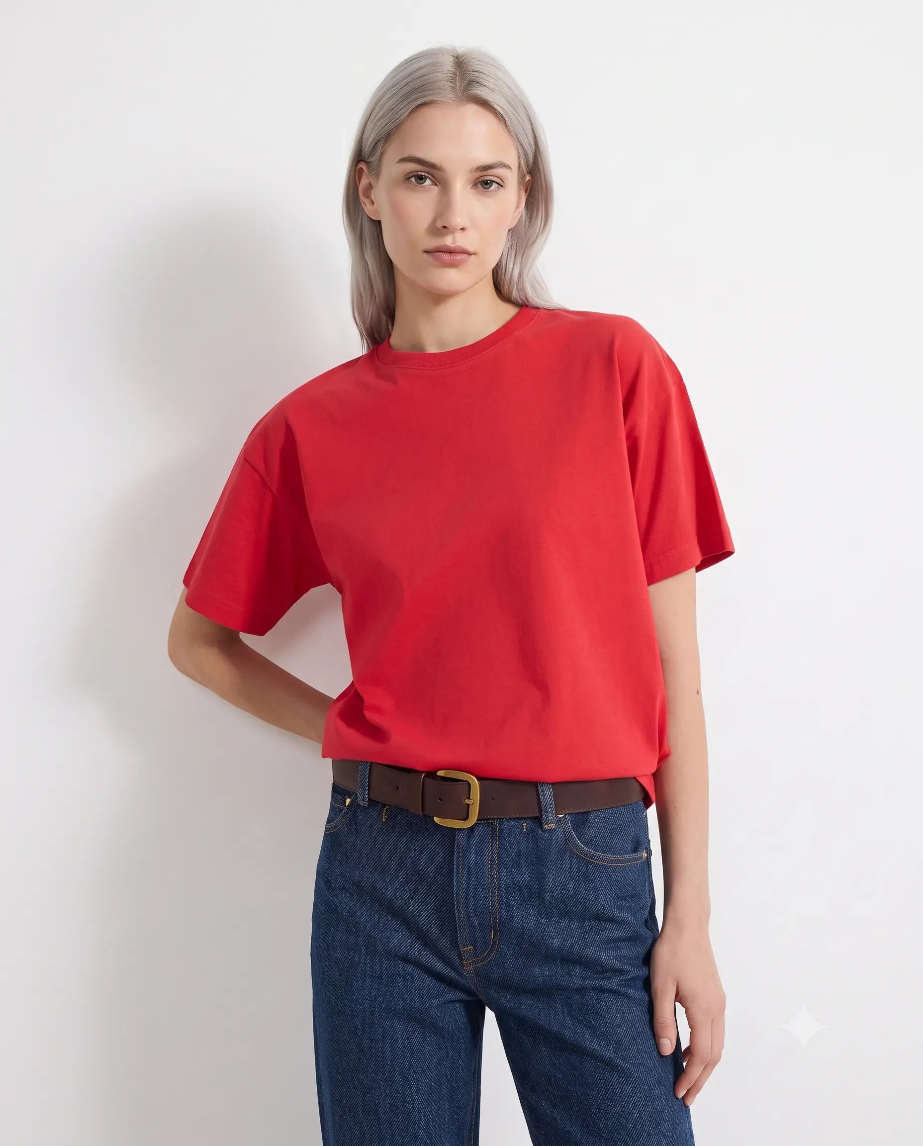 Oversize/Geniş Kalıp Bisiklet Yaka Örme T-Shirt - Kırmızı / XS