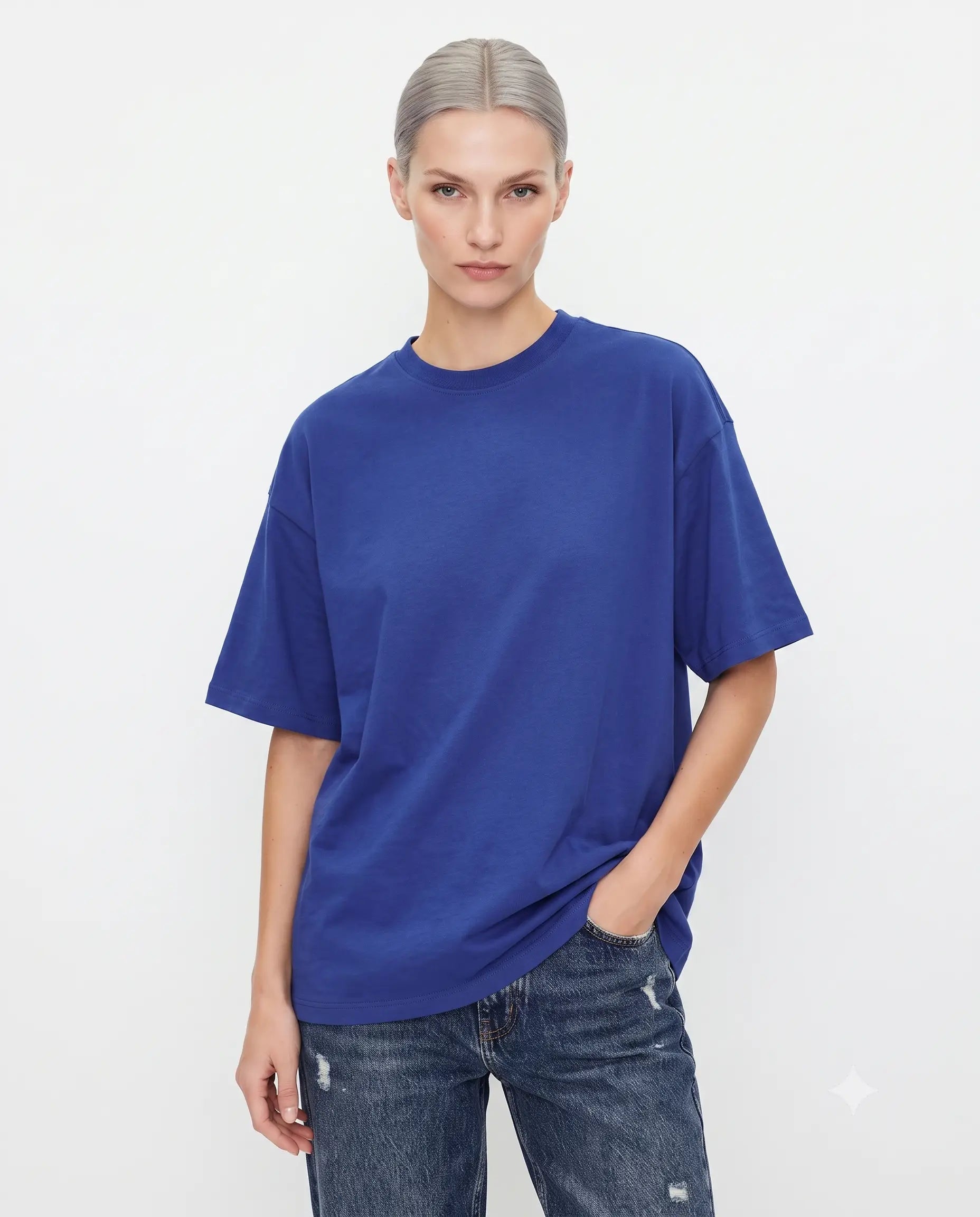 Oversize/Geniş Kalıp Bisiklet Yaka Örme T-Shirt - Mavi / XS