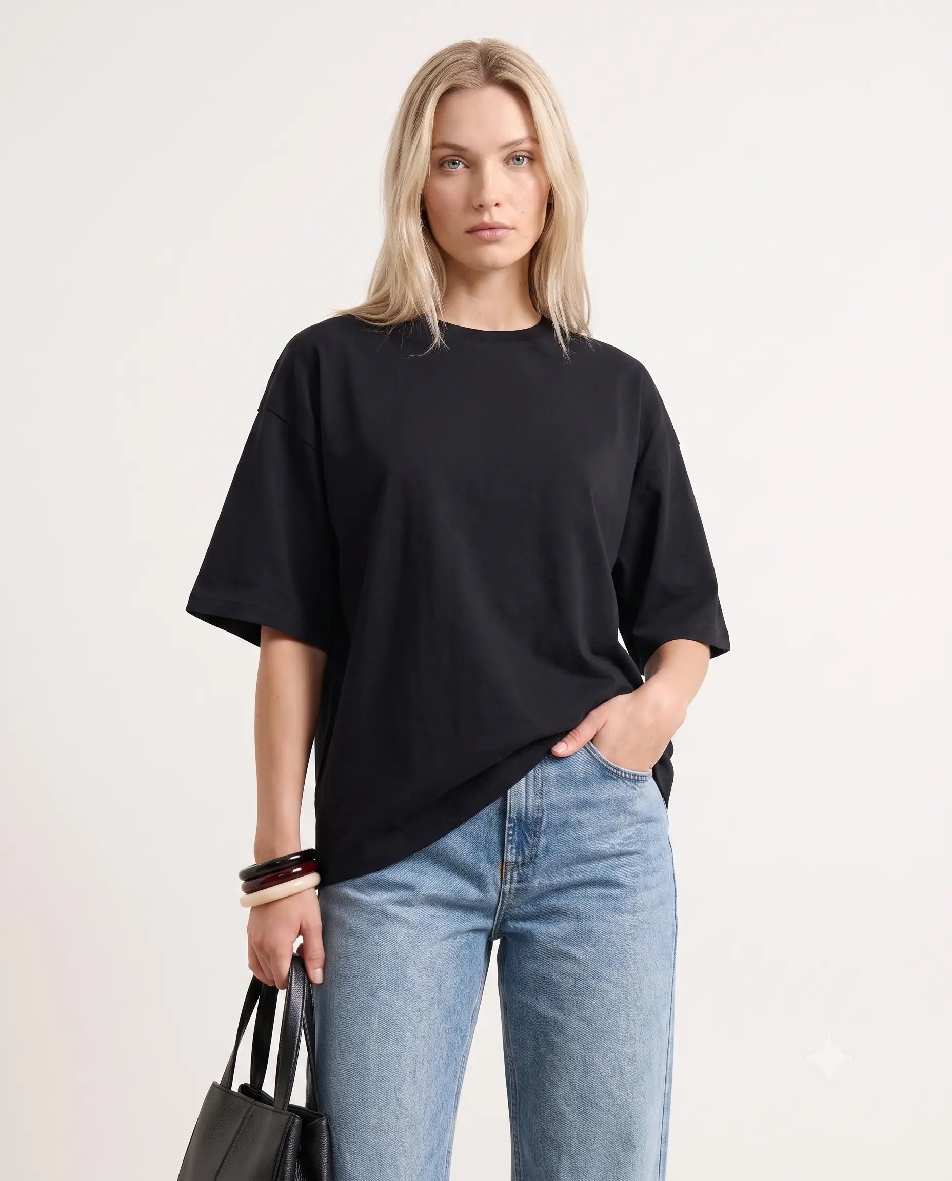 Oversize/Geniş Kalıp Bisiklet Yaka Örme T-Shirt - Siyah / XS