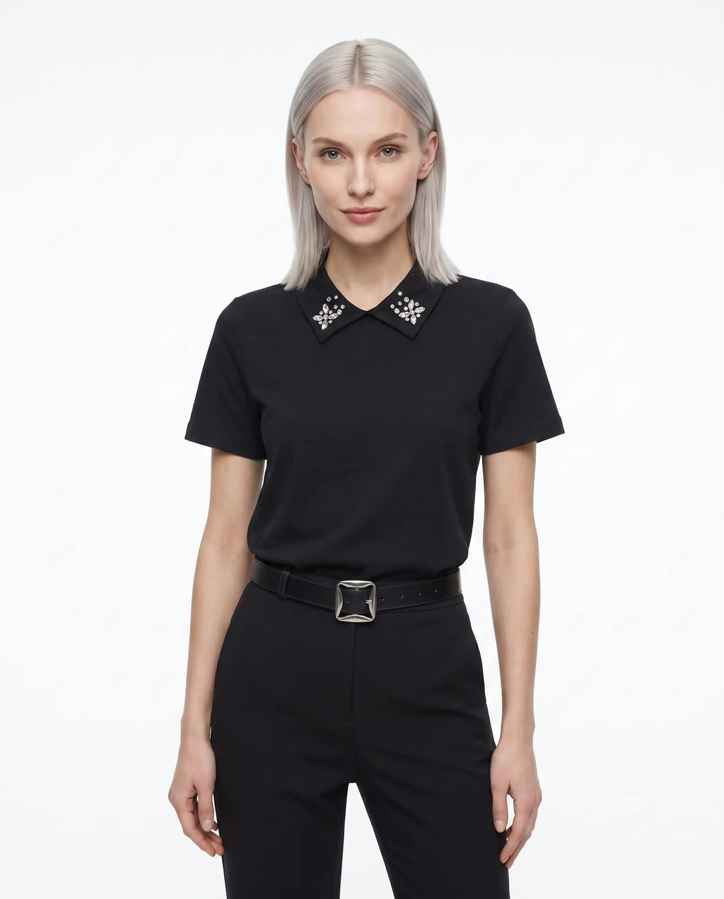 Pamuklu Polo Yaka Taş Detaylı Regular/Normal Kalıp Örme T-Shirt - Siyah / XS