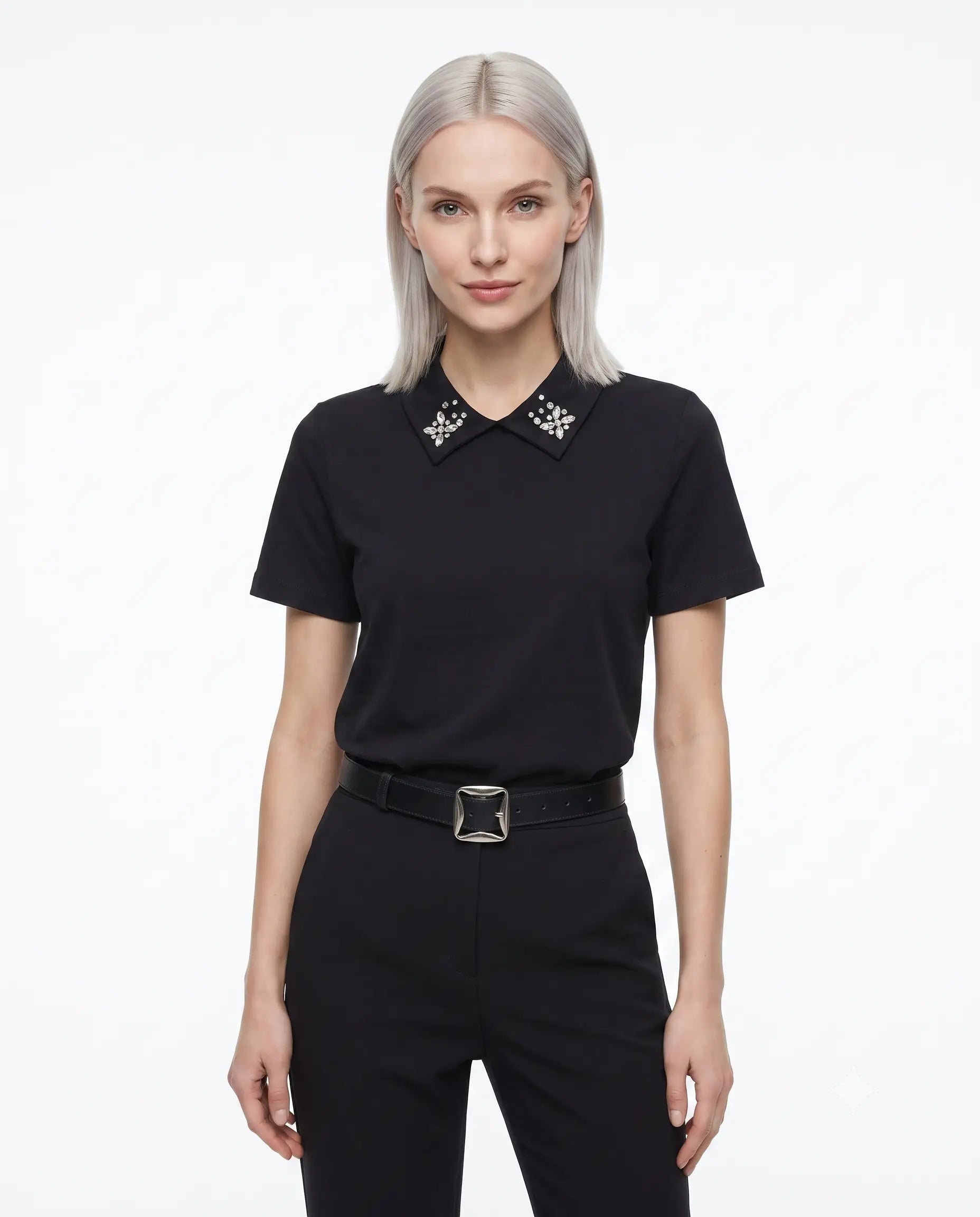 Pamuklu Polo Yaka Taş Detaylı Regular/Normal Kalıp Örme T-Shirt - Siyah / XS