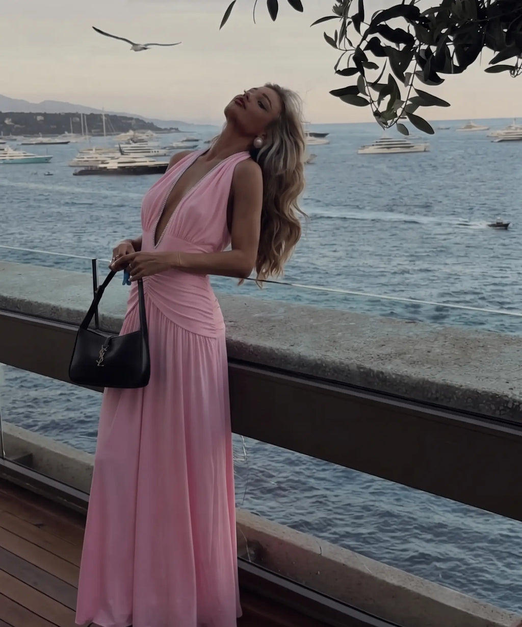 Pembe Derin V Dekolteli Abiye | Taş Aksesuarlı Gece Elbisesi