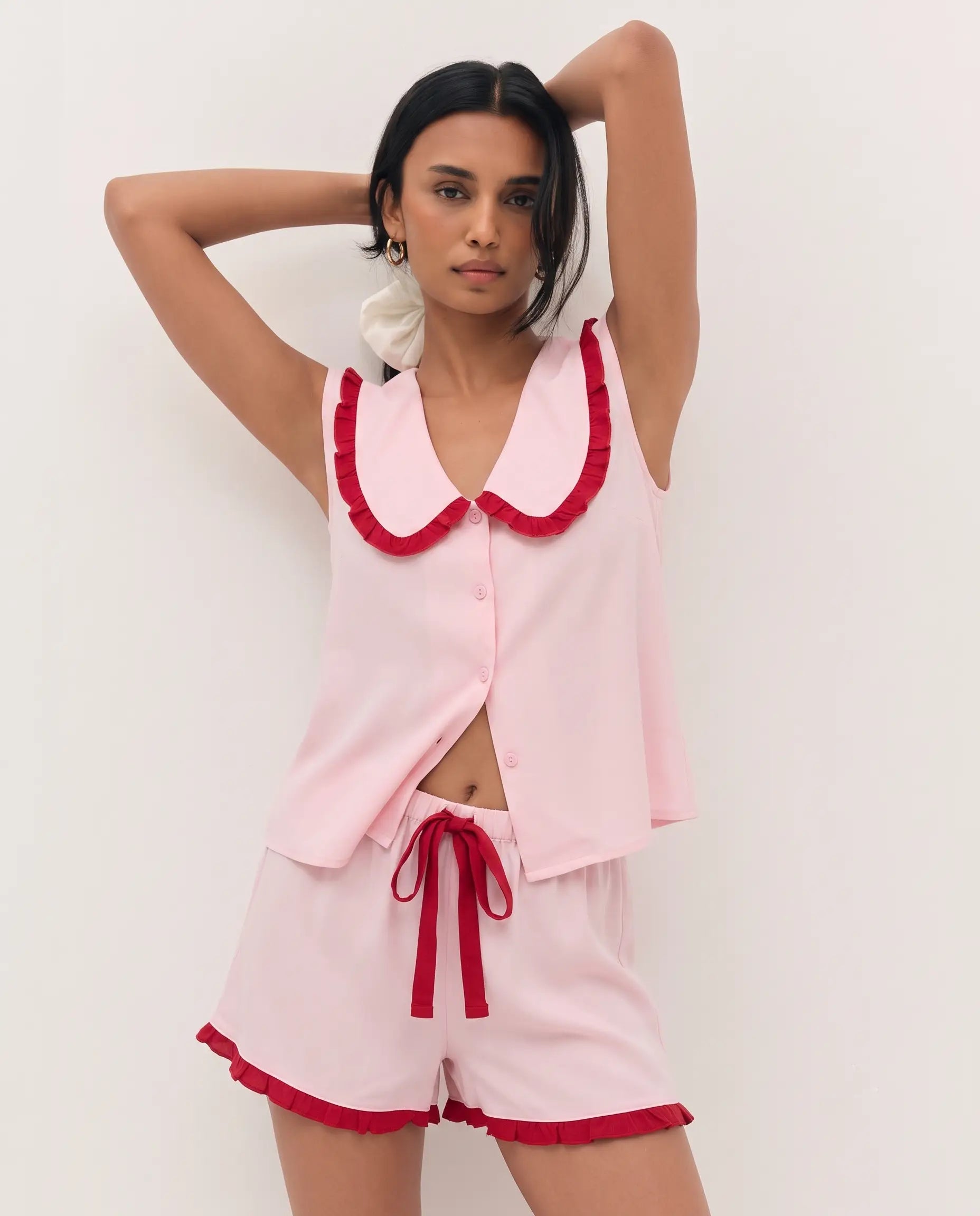 Pembe Fırfırlı Viskon Pijama Takımı