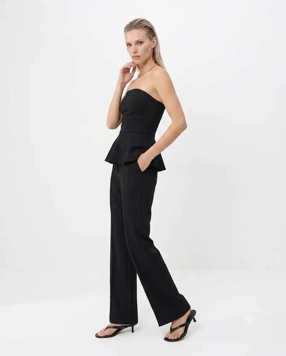 Peplum Kolsuz Geniş Paça Soft Touch Örme Alt-Üst Takım