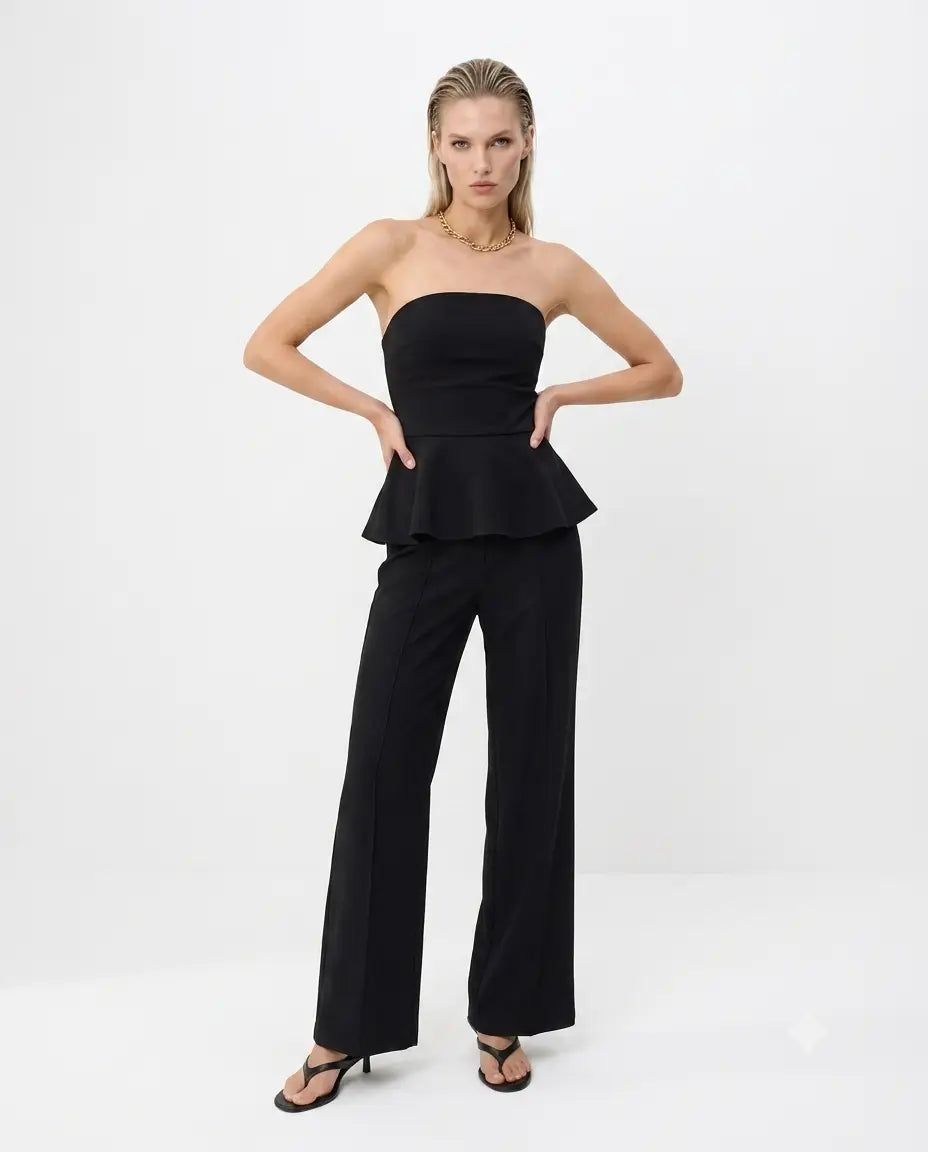 Peplum Kolsuz Geniş Paça Soft Touch Örme Alt-Üst Takım