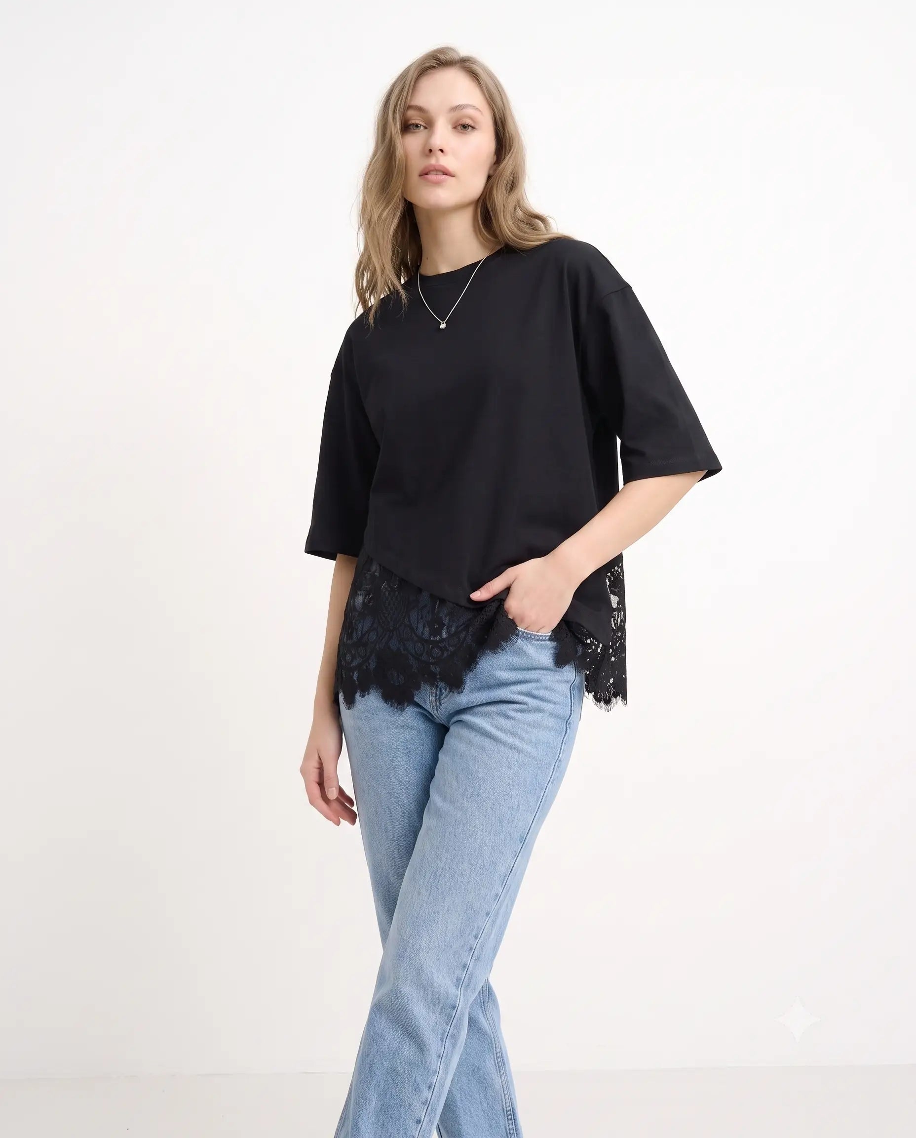 Regular/Normal Kalıp Dantel Detaylı Kısa Kollu Örme T-Shirt