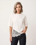Regular/Normal Kalıp Dantel Detaylı Kısa Kollu Örme T-Shirt - Bej / S
