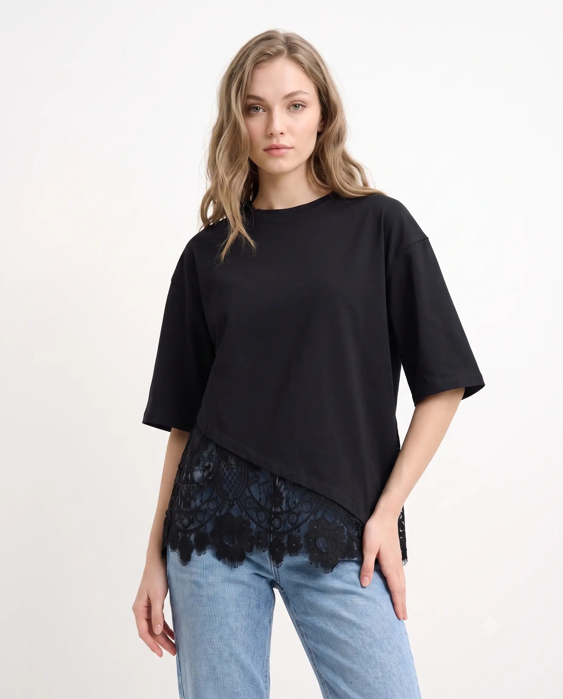 Regular/Normal Kalıp Dantel Detaylı Kısa Kollu Örme T-Shirt - Siyah / S