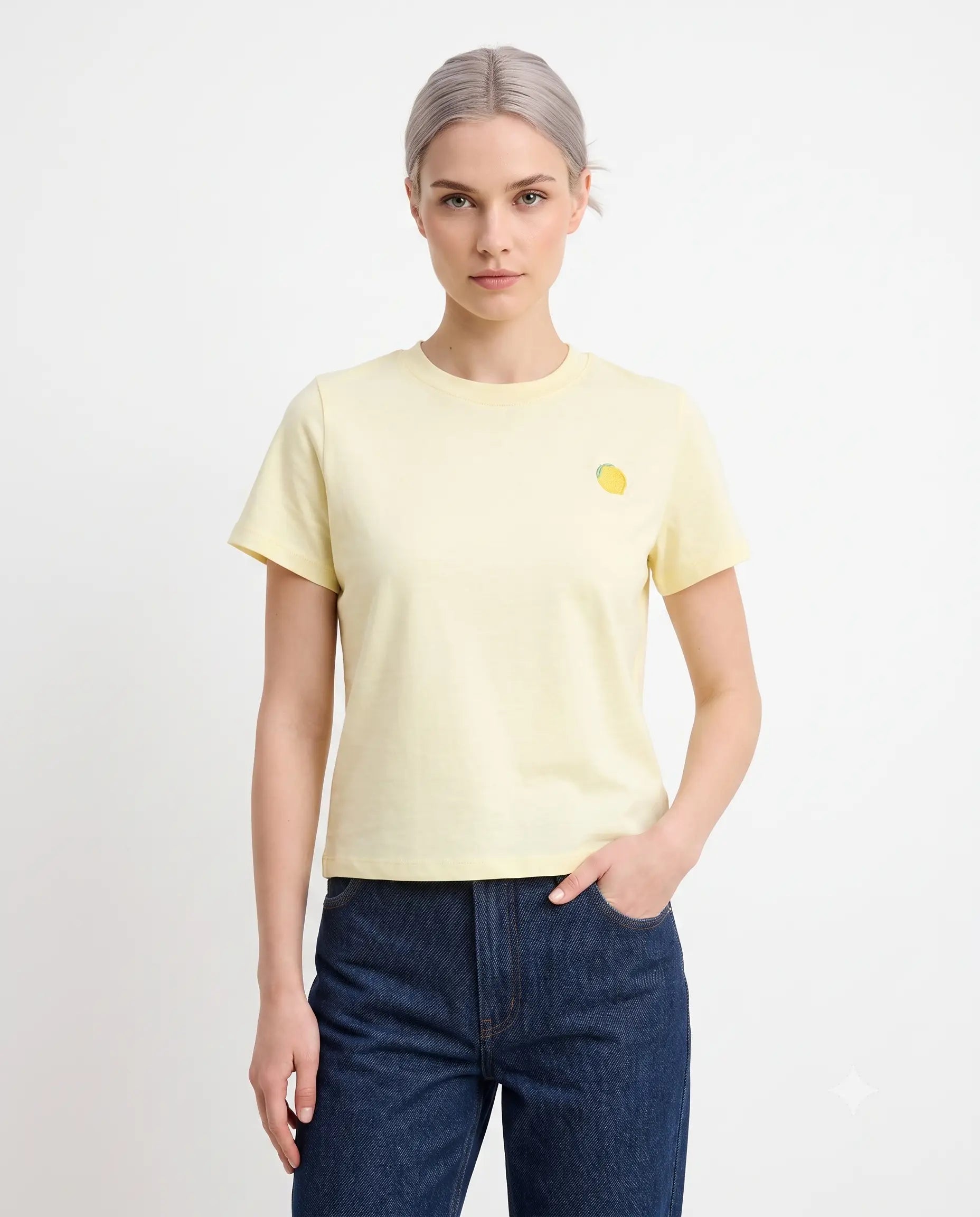 Regular/Normal Kalıp Kısa Kollu Nakışlı Tok % 100 Pamuk Örme T-shirt - Sarı / XS