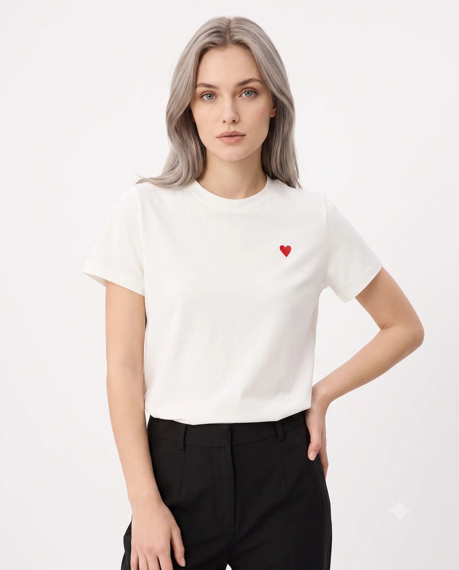 Regular/Normal Kalıp Kısa Kollu Nakışlı Tok % 100 Pamuk Örme T-shirt - Beyaz / XS