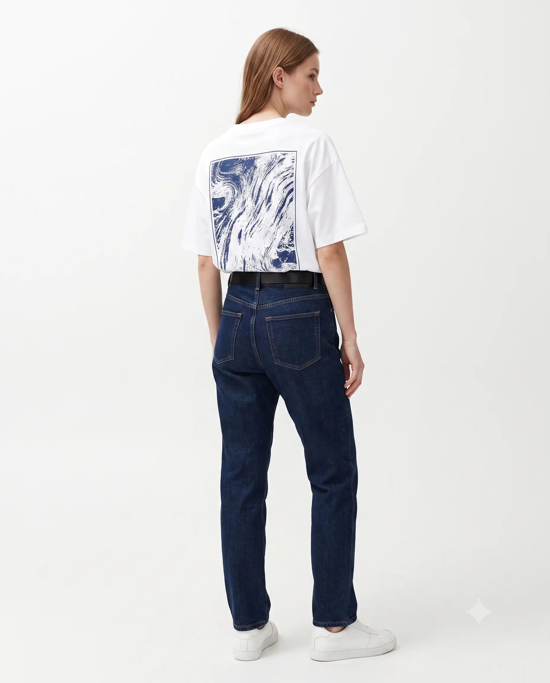 Sırt ve Ön Baskılı Oversize/Rahat Kesim Örme T-Shirt - Beyaz / XS