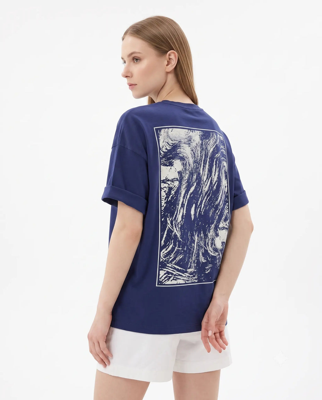 Sırt ve Ön Baskılı Oversize/Rahat Kesim Örme T-Shirt - Lacivert / XS