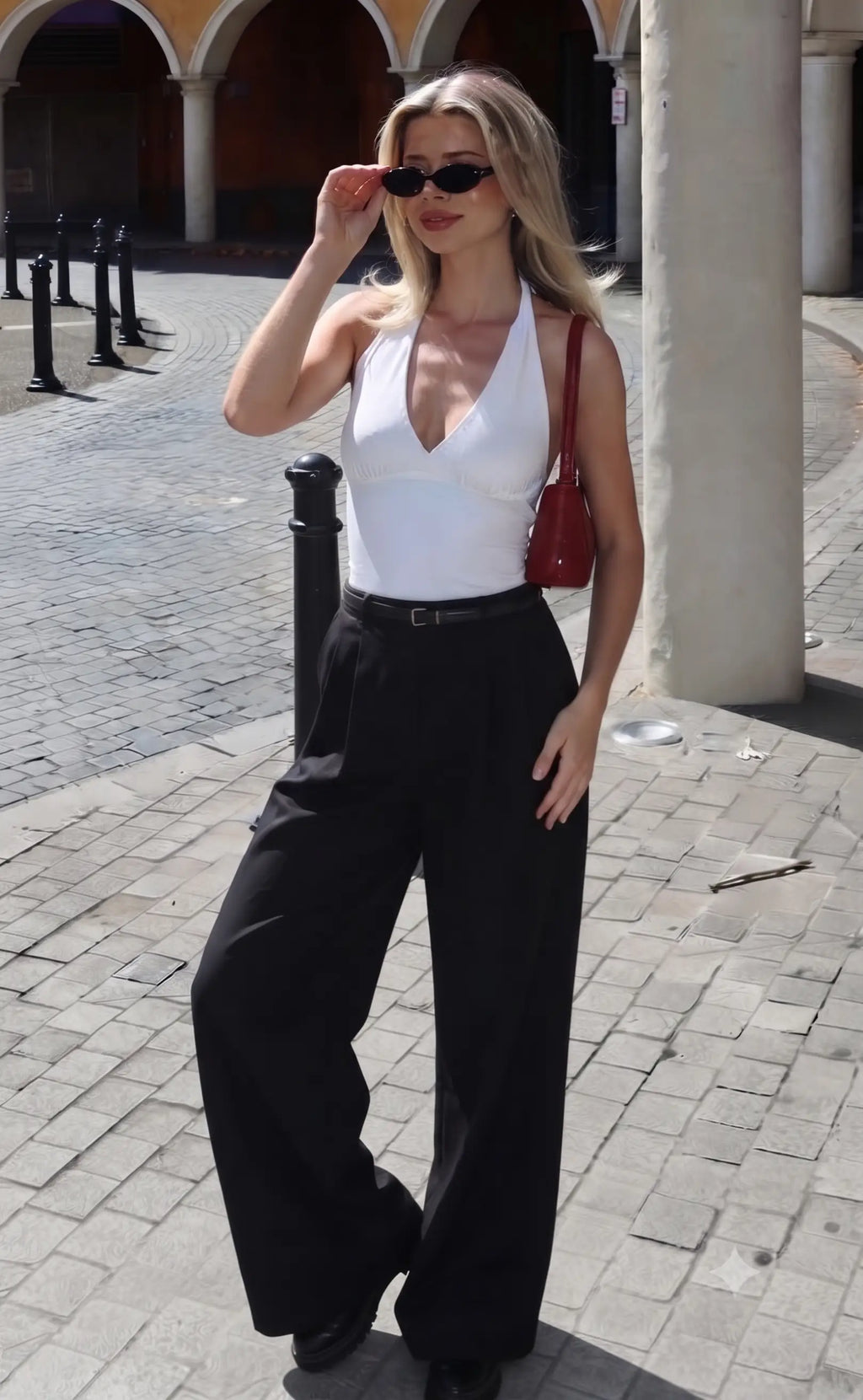 Siyah Kemerli Pilili Wide Leg/Extra Geniş Paça Pantolon