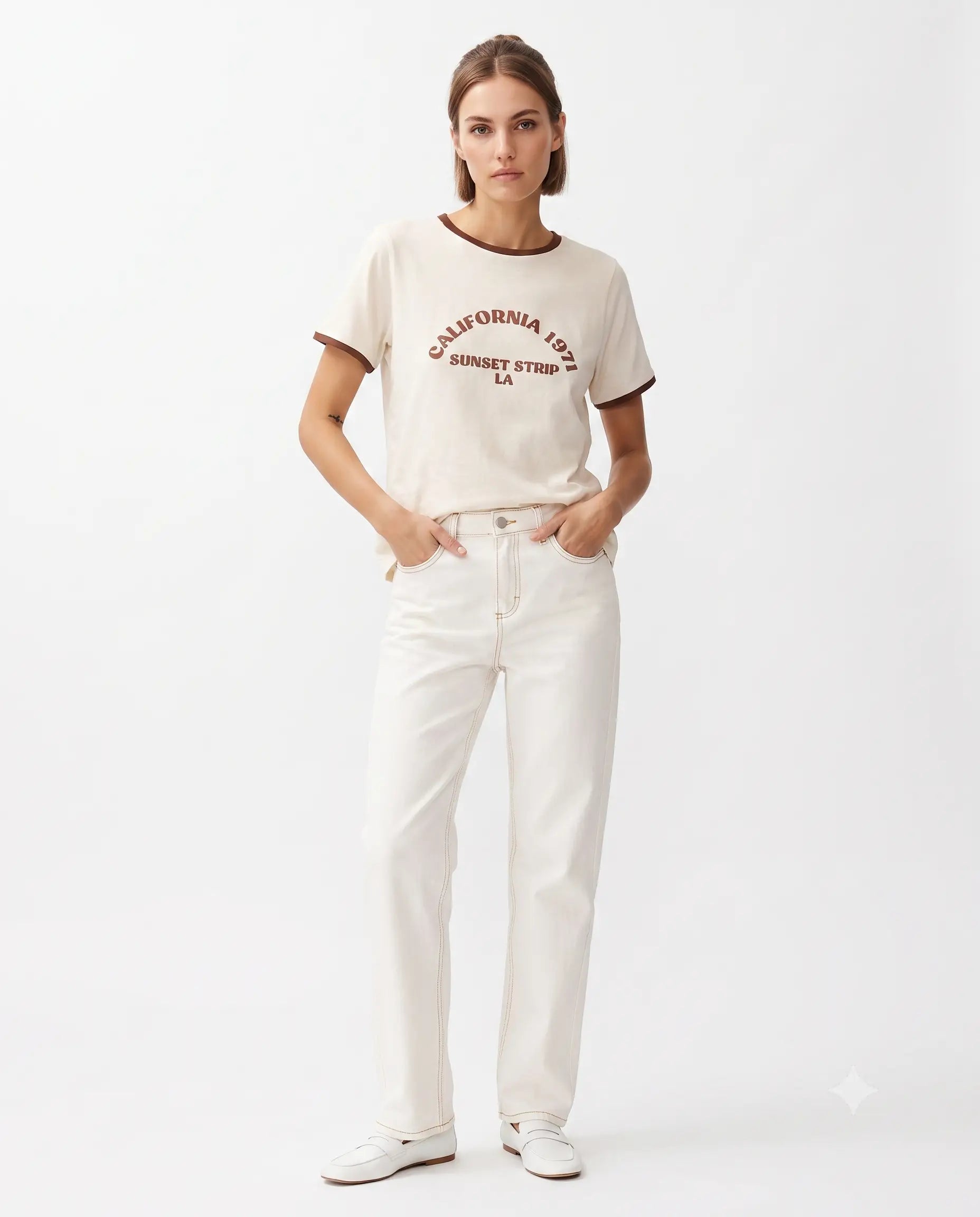 Slogan Baskılı Kontrast Biye Detaylı Örme T-Shirt - Bej / XS